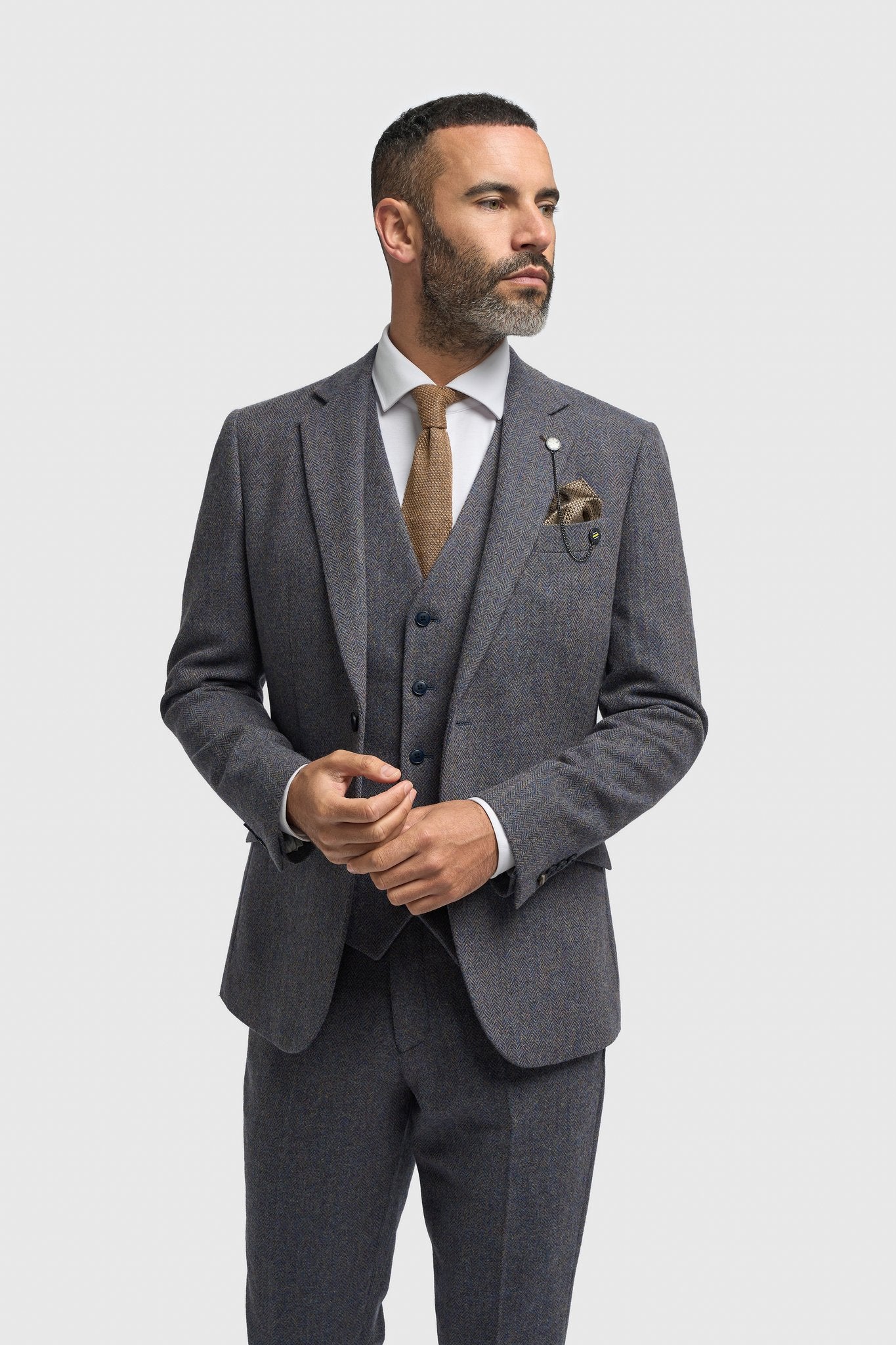 Thomas - Men’s Navy 3 Piece Wool Blend Tweed Suit