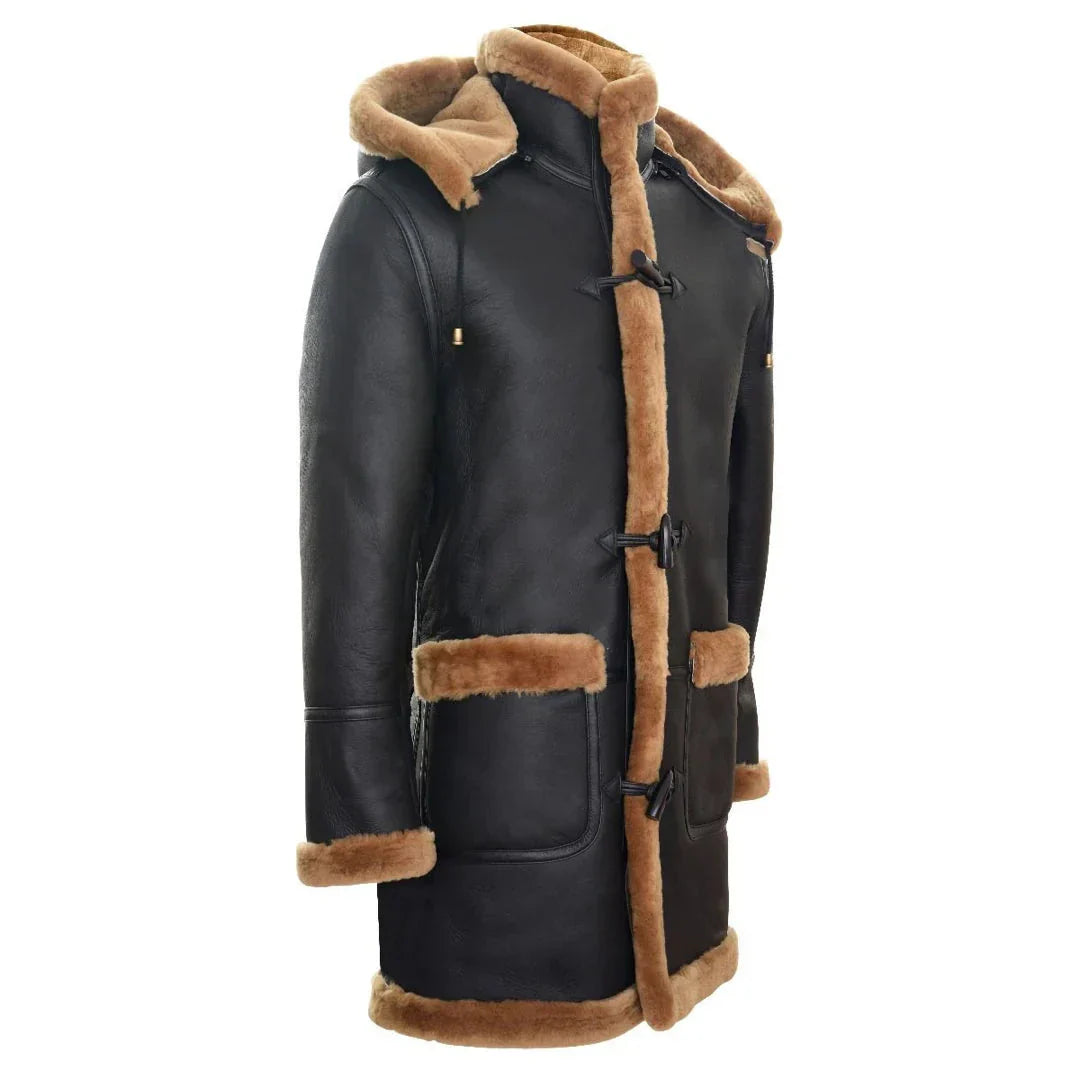 Men's Shearling Sheepskin Duffle Coat WW2 UK Winter 3/4 Hood Brown Ginger