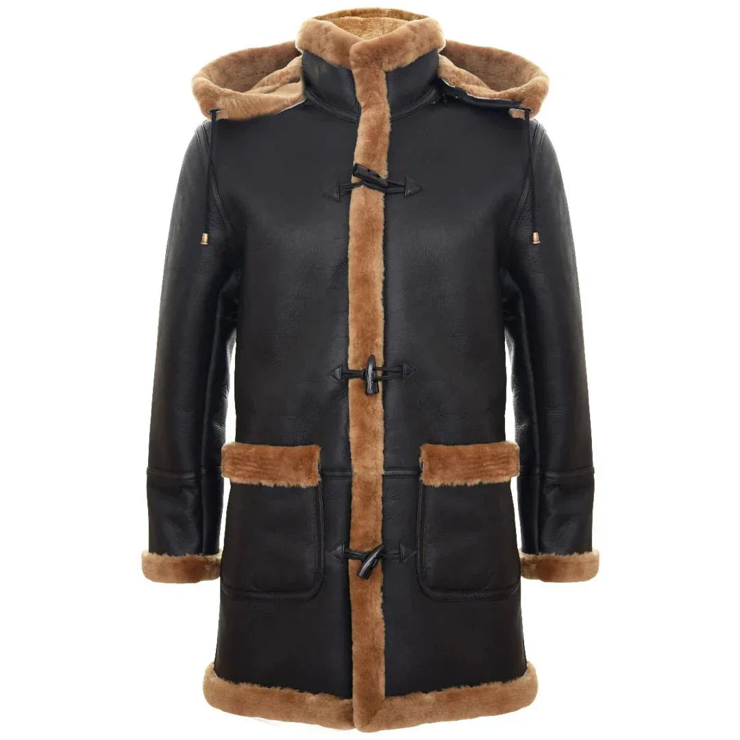 Men's Shearling Sheepskin Duffle Coat WW2 UK Winter 3/4 Hood Brown Ginger