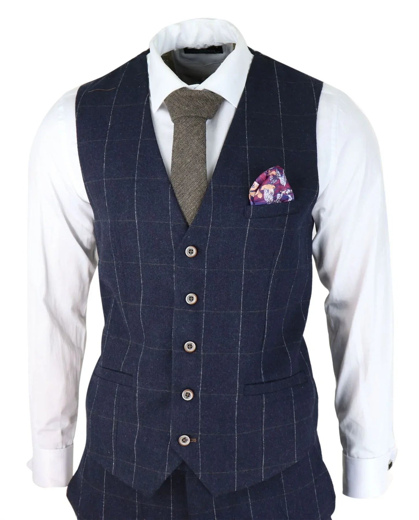 Mens Navy Check 3 Piece Suit Wool Tweed Classic 1920s Vintage Tailored Fit Wedding