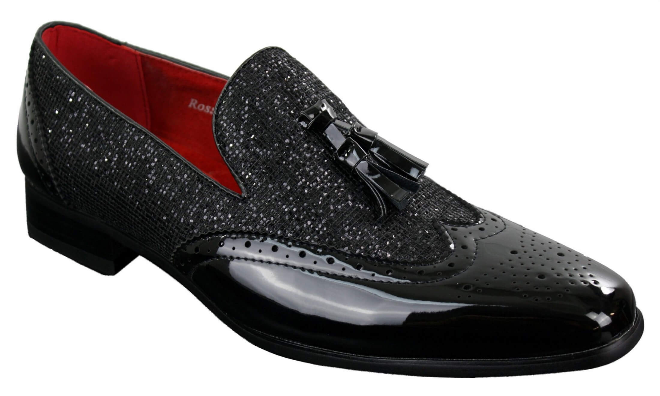 Mens Smart Party Shiny Tassle Shoes Red Silver Black Slip On Patent Leather