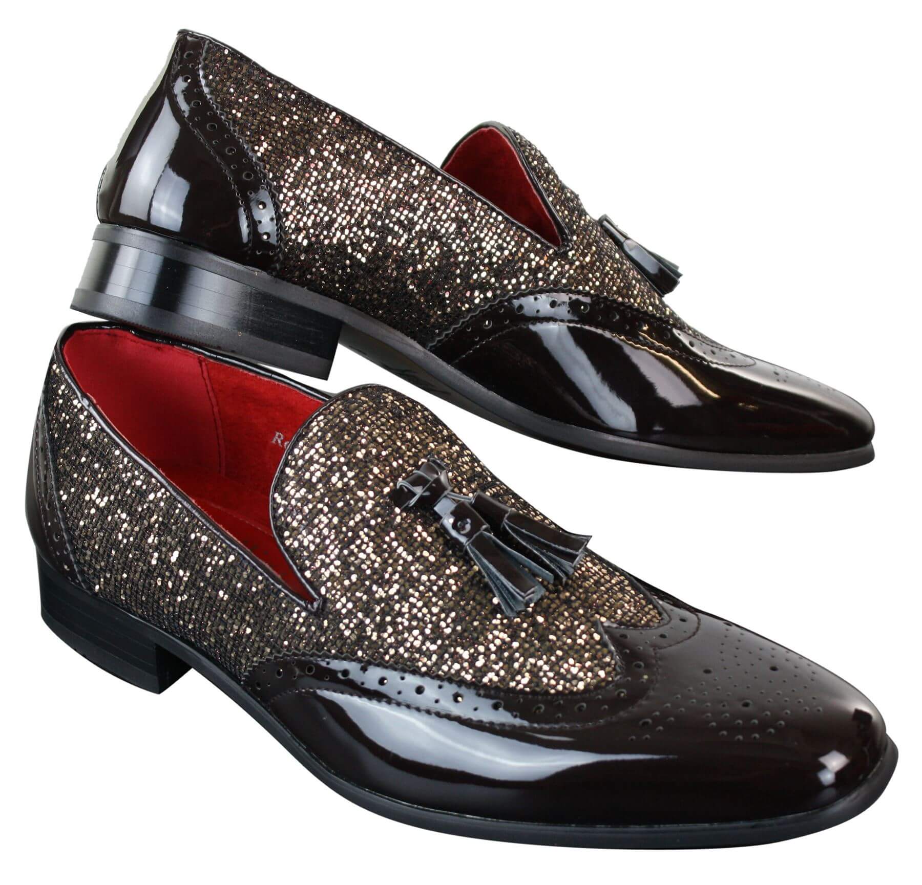 Mens Smart Party Shiny Tassle Shoes Red Silver Black Slip On Patent Leather