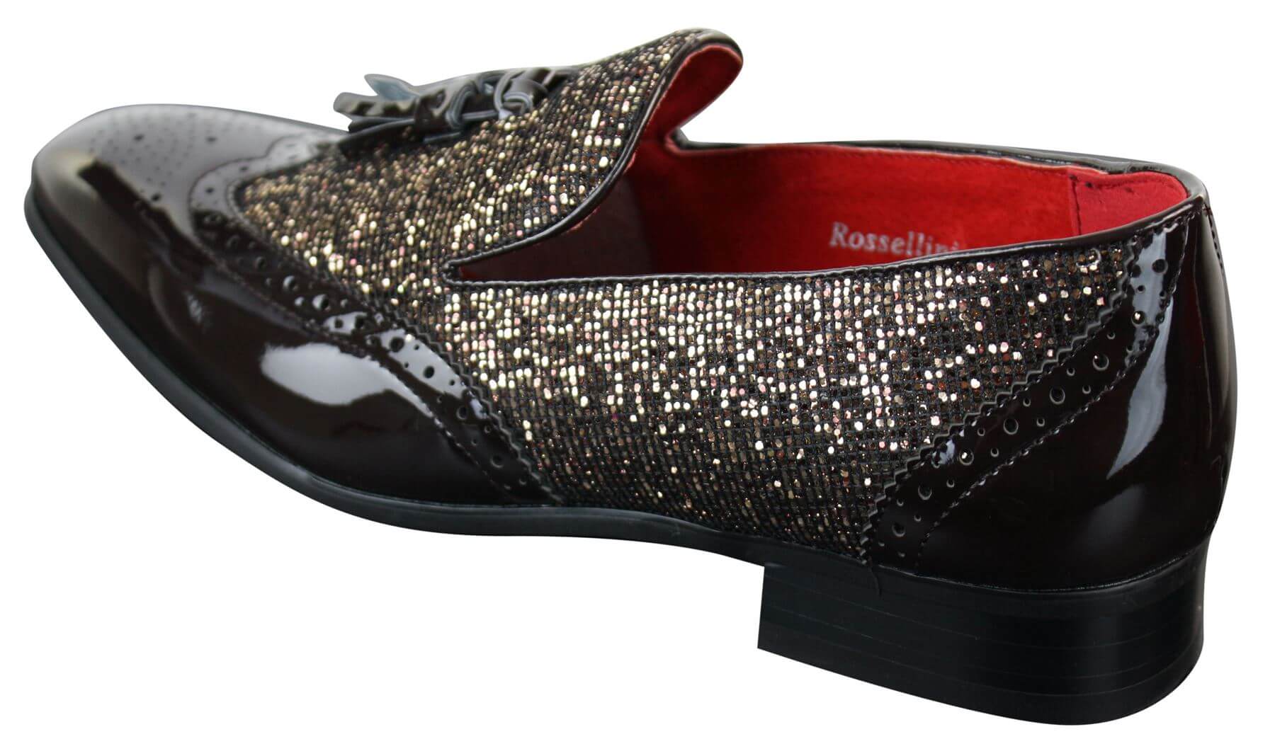 Mens Smart Party Shiny Tassle Shoes Red Silver Black Slip On Patent Leather