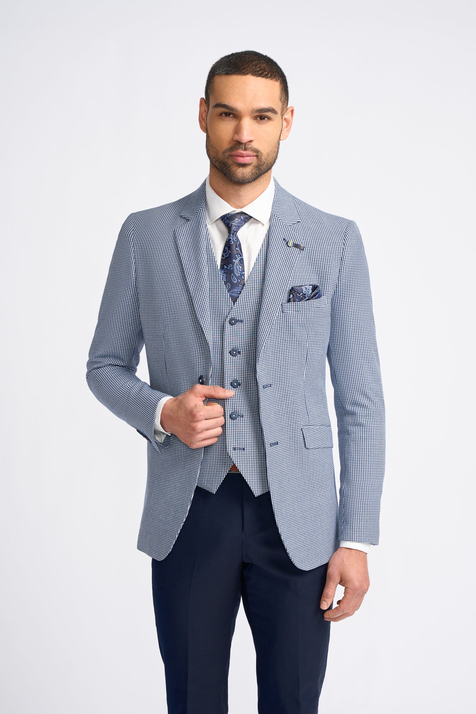 Baresi Men's 3-Piece Grey and Navy Contrasting Classic Summer Check Suit
