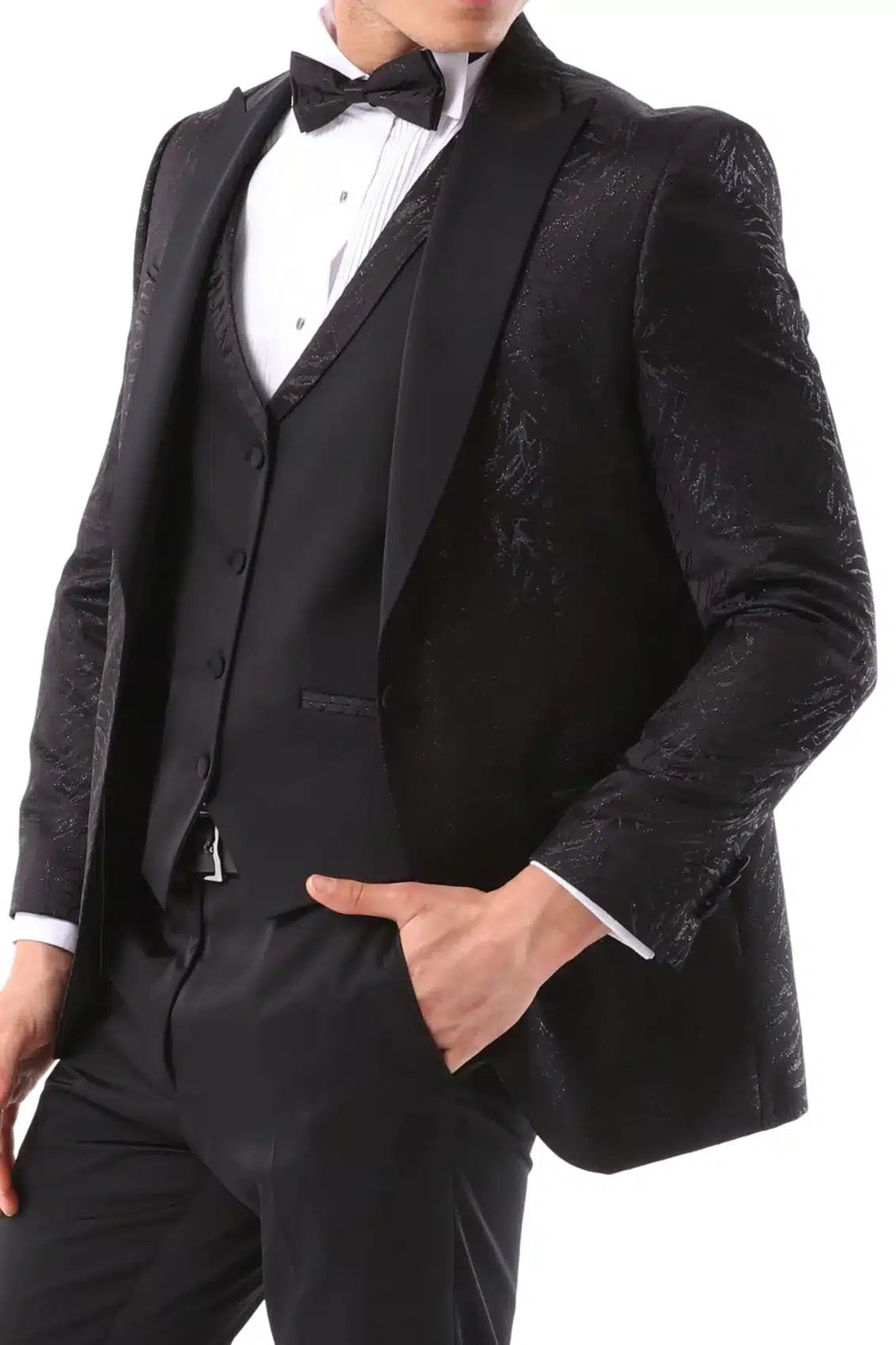 Mens 3 Piece Black Tuxedo Formal Wedding Prom Party Satin Bow Tie Dinner Suit
