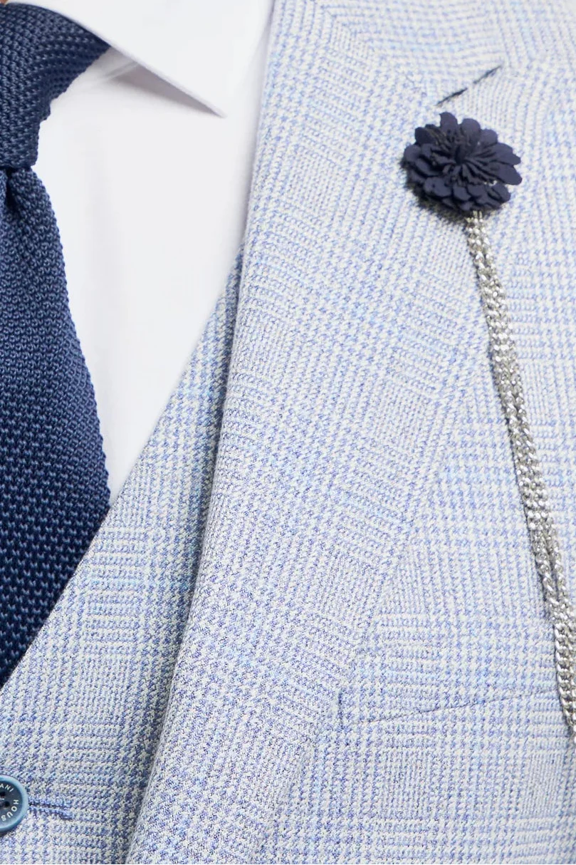 Men's Sky Blue Check 3-Piece Suit with Contrasting Navy Trousers