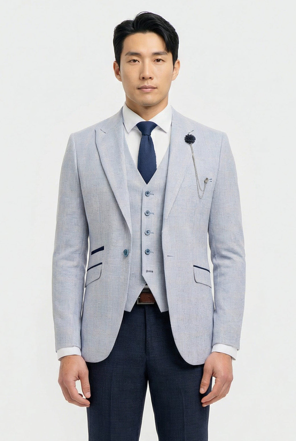 Men's Sky Blue Check 3-Piece Suit with Contrasting Navy Trousers