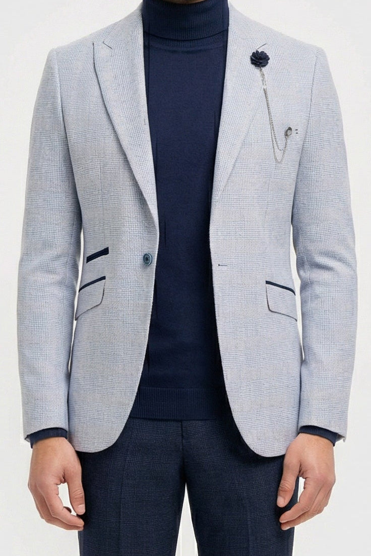Men's Sky Blue Check 3-Piece Suit with Contrasting Navy Trousers