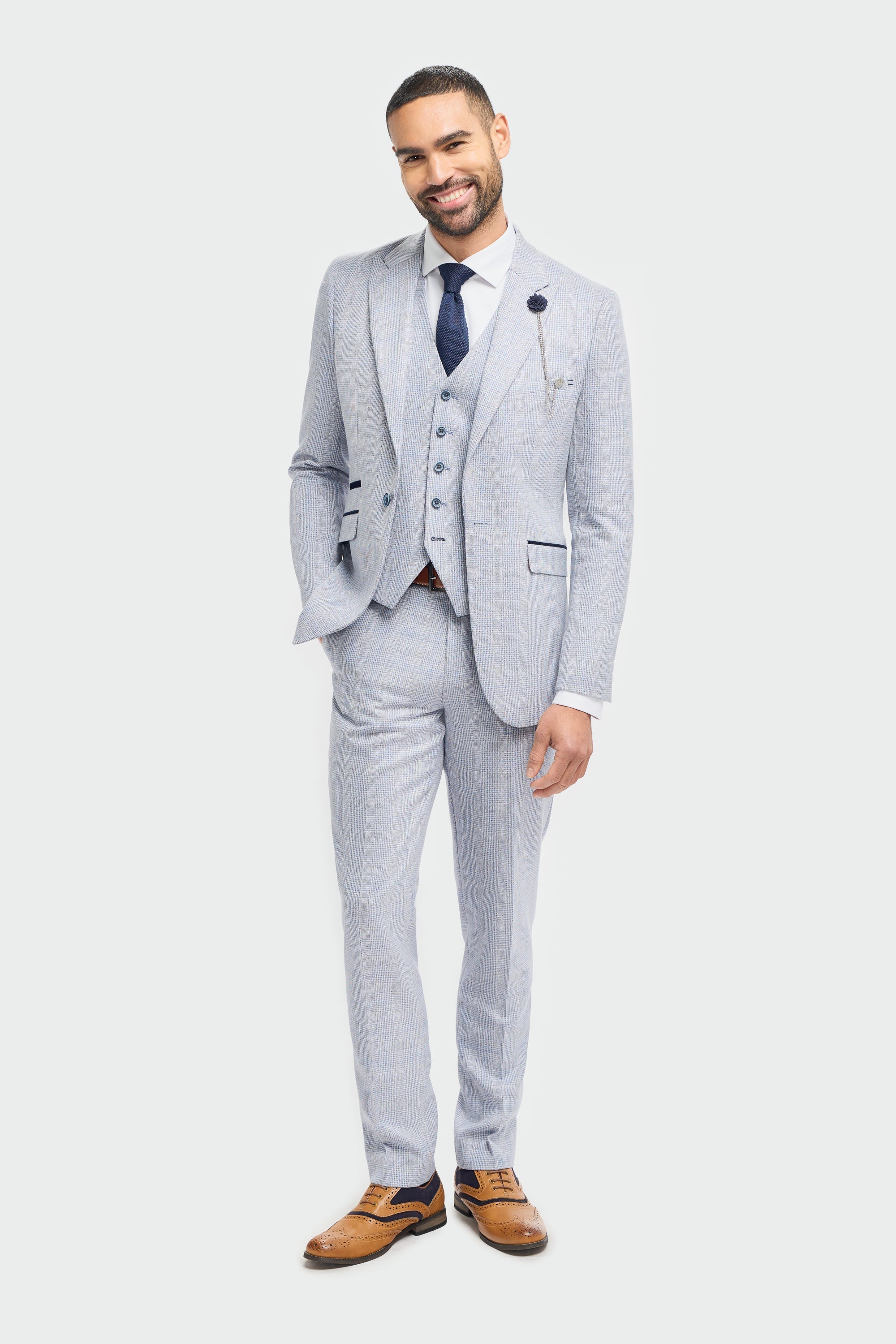 Mens 3 Piece Check Suit Tweed Light Blue Tailored Fit Wedding Peaky Classic