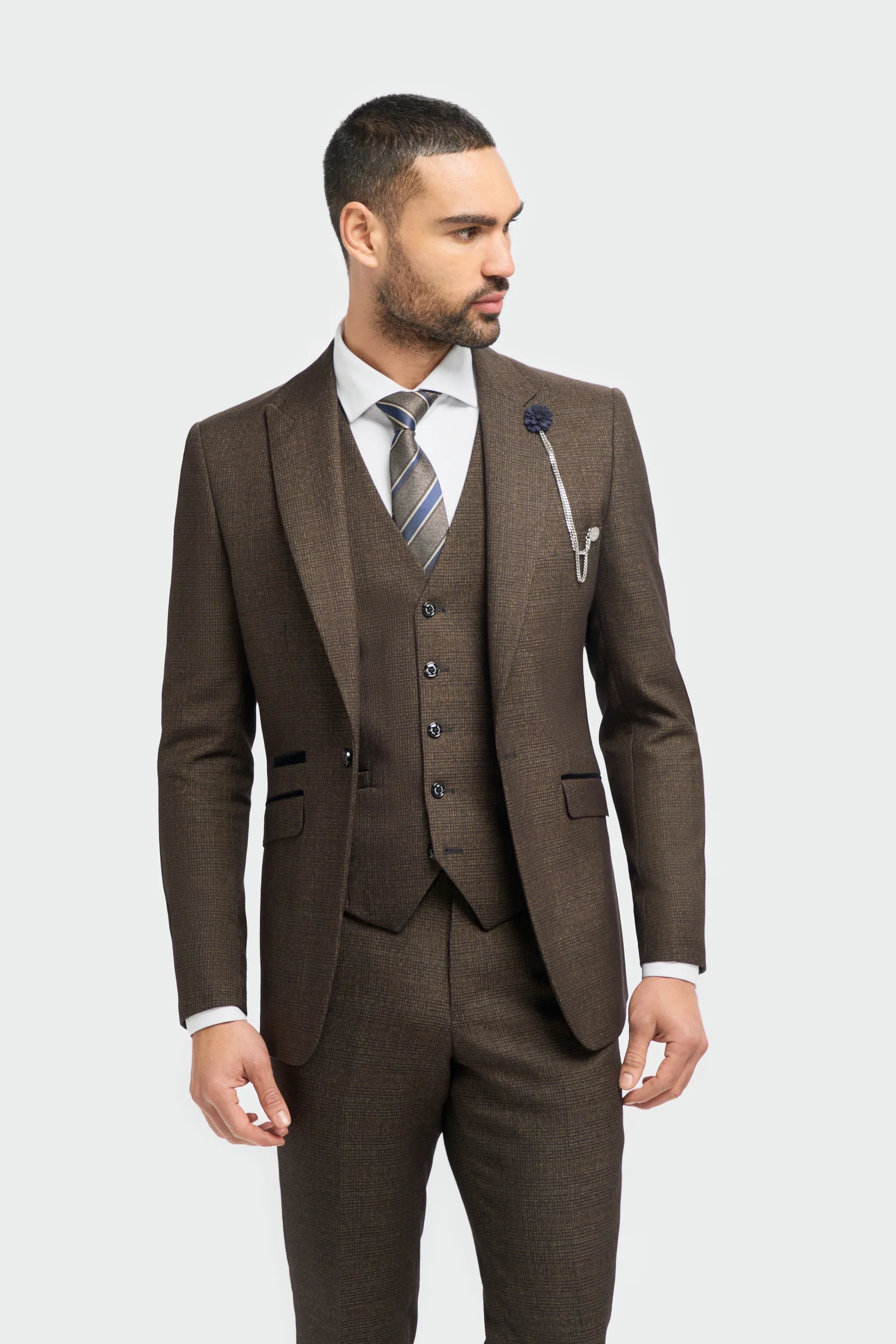 Mens 3 Piece Check Suit Tweed Black Brown Tailored Fit Wedding Peaky Classic