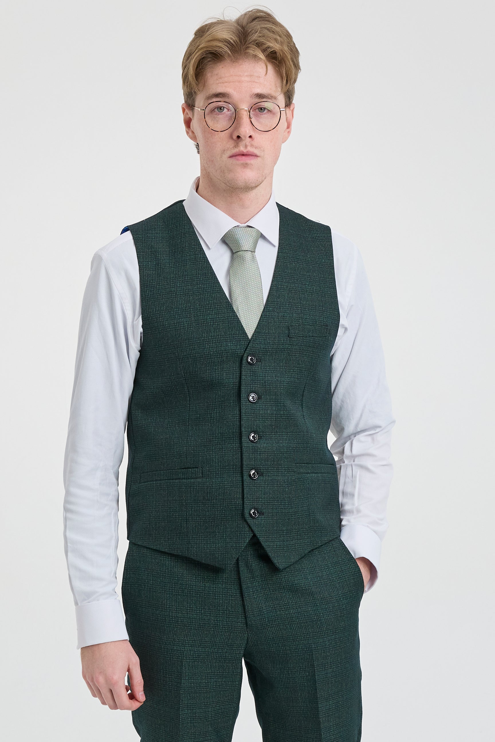 Mens 3 Piece Check Suit Tweed Olive Green Tailored Fit Wedding Peaky Classic