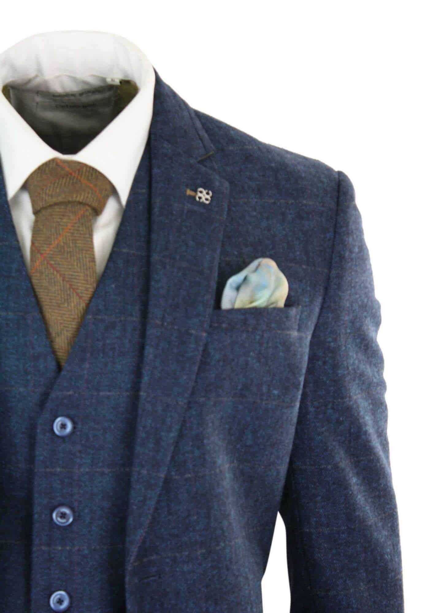 Cavani Carnegi - Mens 3 Piece Navy Blue Tweed Check 1920's Vintage Suit
