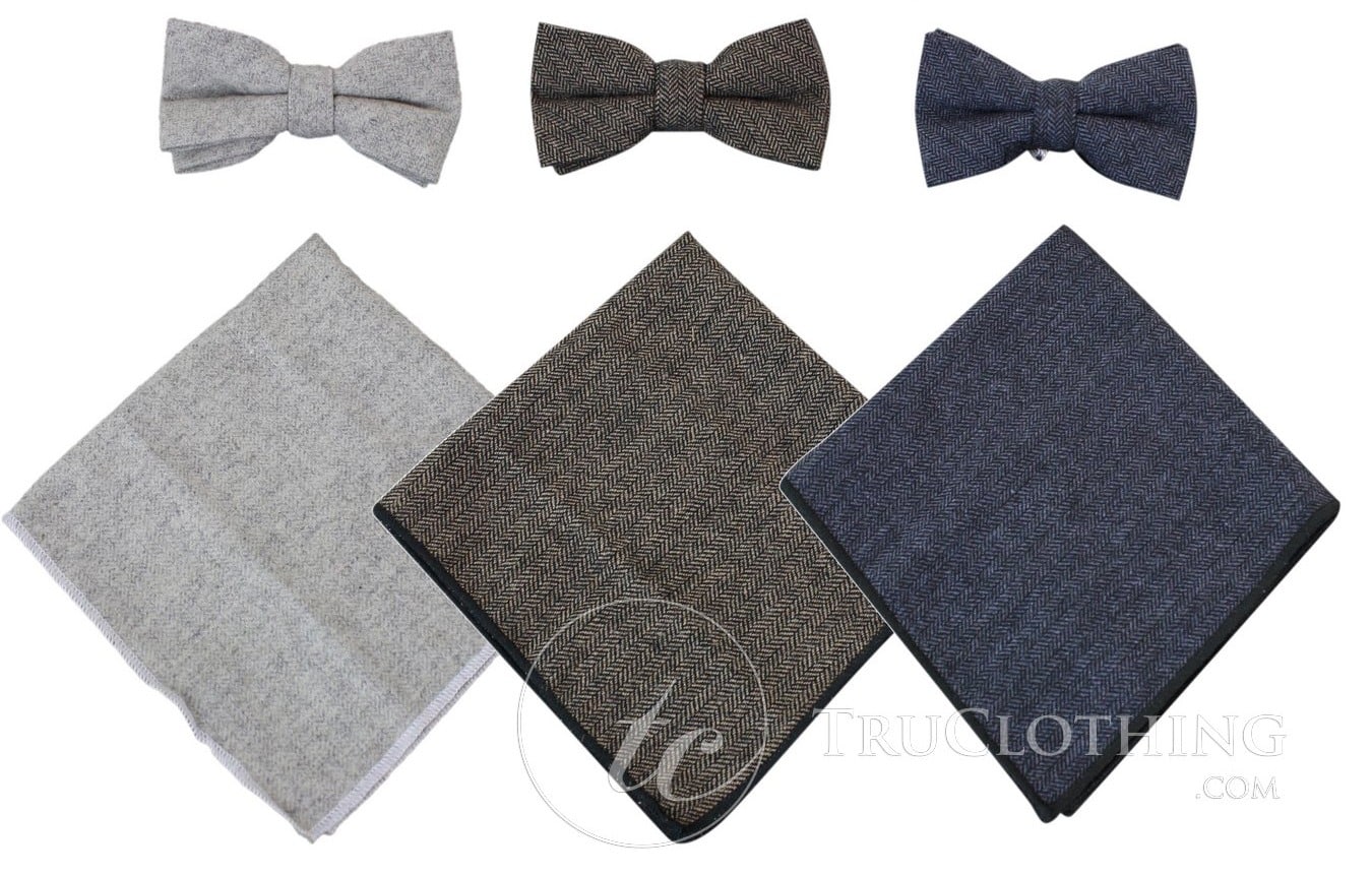 Cavani Martez Bow Tie - Mens Herringbone Tweed Check Bow Tie Hanky Retro Vintage Classic 1920s Vintage