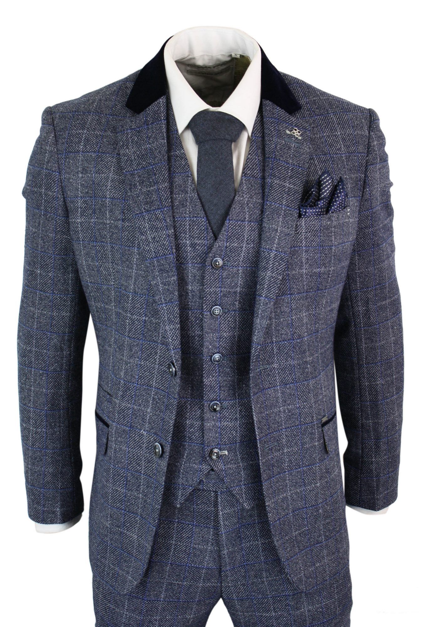 Cavani Miles - Mens Blue Navy 3 Piece Tweed Suit Herringbone Vintage 1920s Vintage 1920's Retro