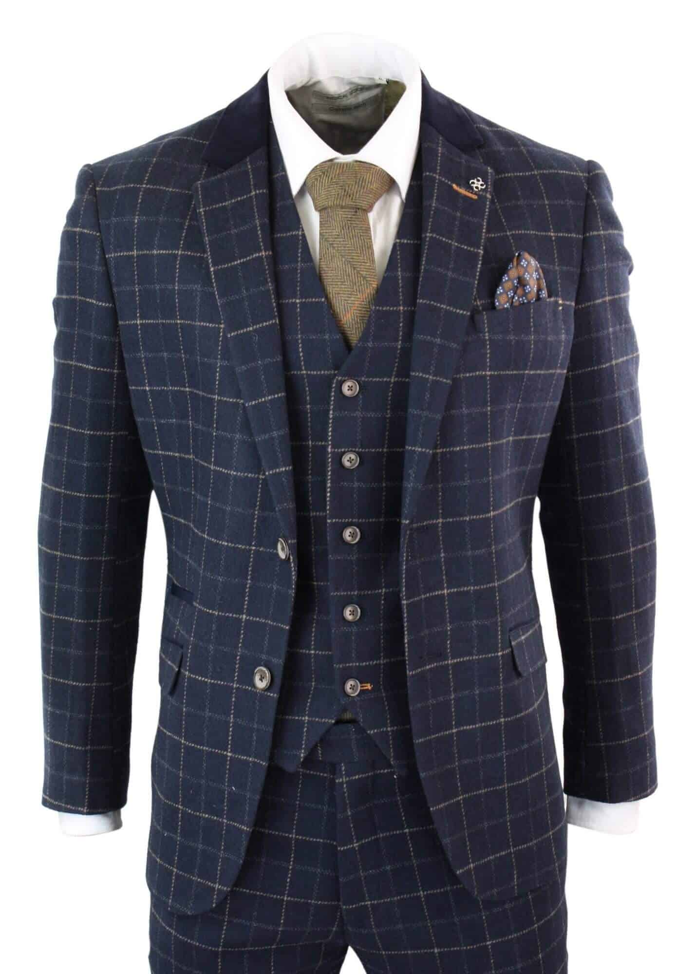 Cavani Shelby - Mens Navy Blue 3 Piece Herringbone Check Suit Vintage Retro 1920s Vintage Tweed