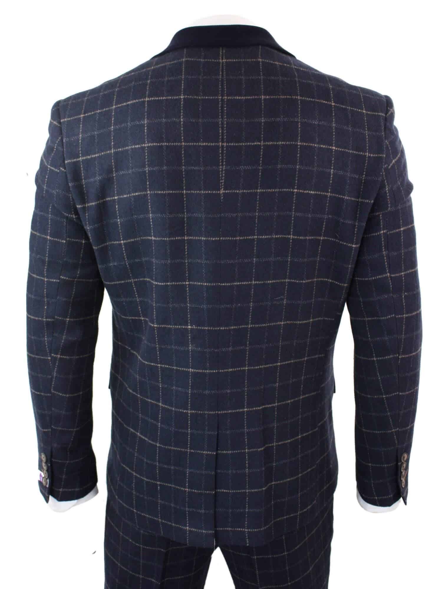 Cavani Shelby - Mens Navy Blue 3 Piece Herringbone Check Suit Vintage Retro 1920s Vintage Tweed