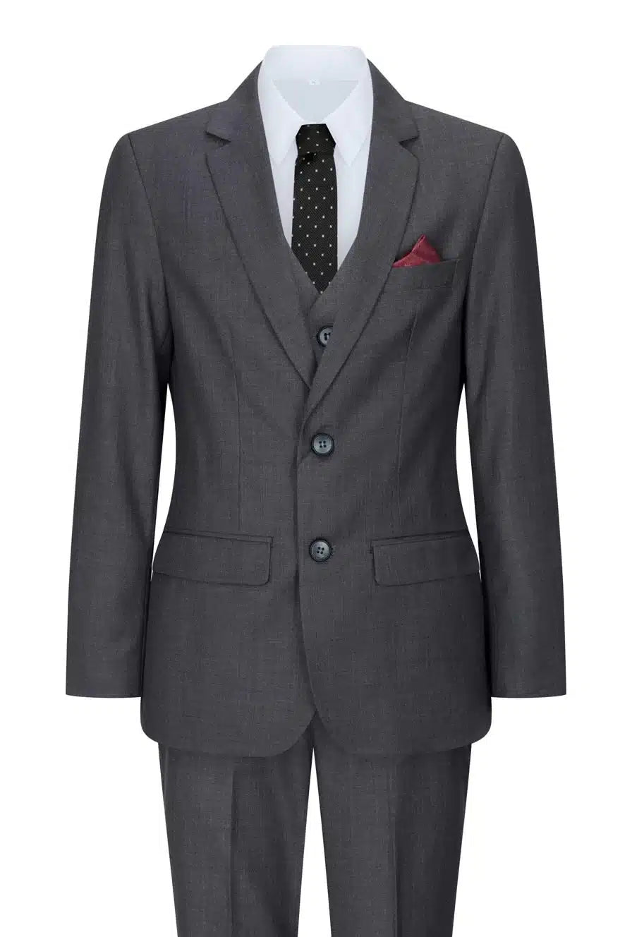 Boys 3 Piece Charcoal Dark Grey Suit Classic Wedding Party Vintage