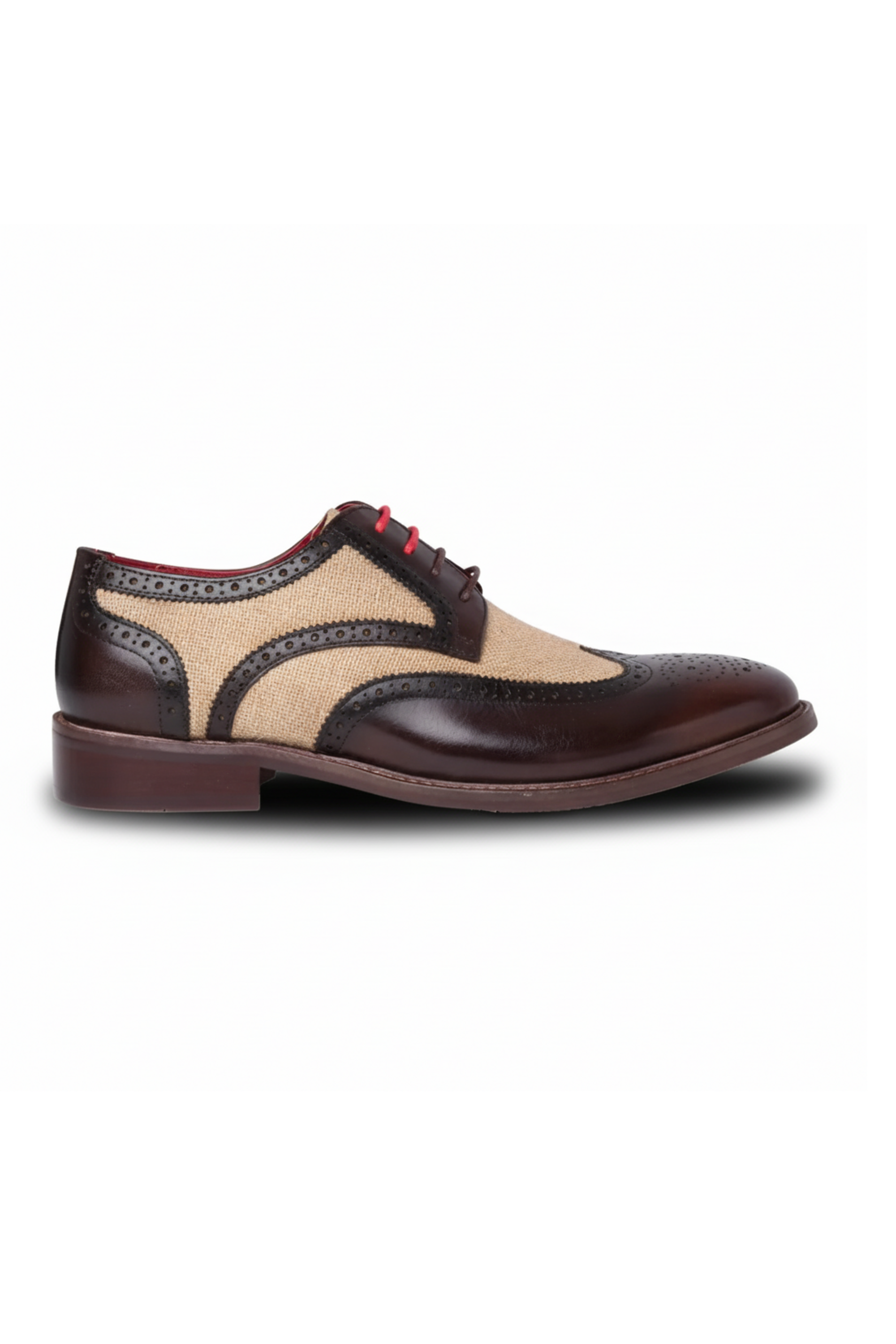 Cole - Men's Brown Leather Canvas Detailing Brogue Shoes