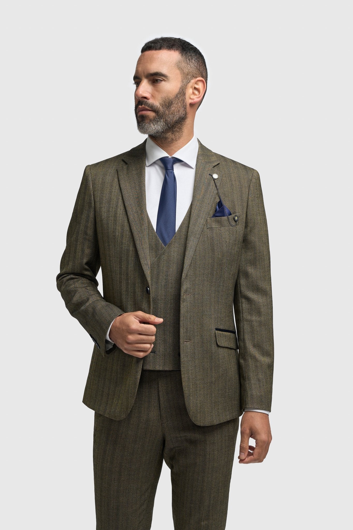Men's Olive Green 3 Piece Herringbone Tweed Suit