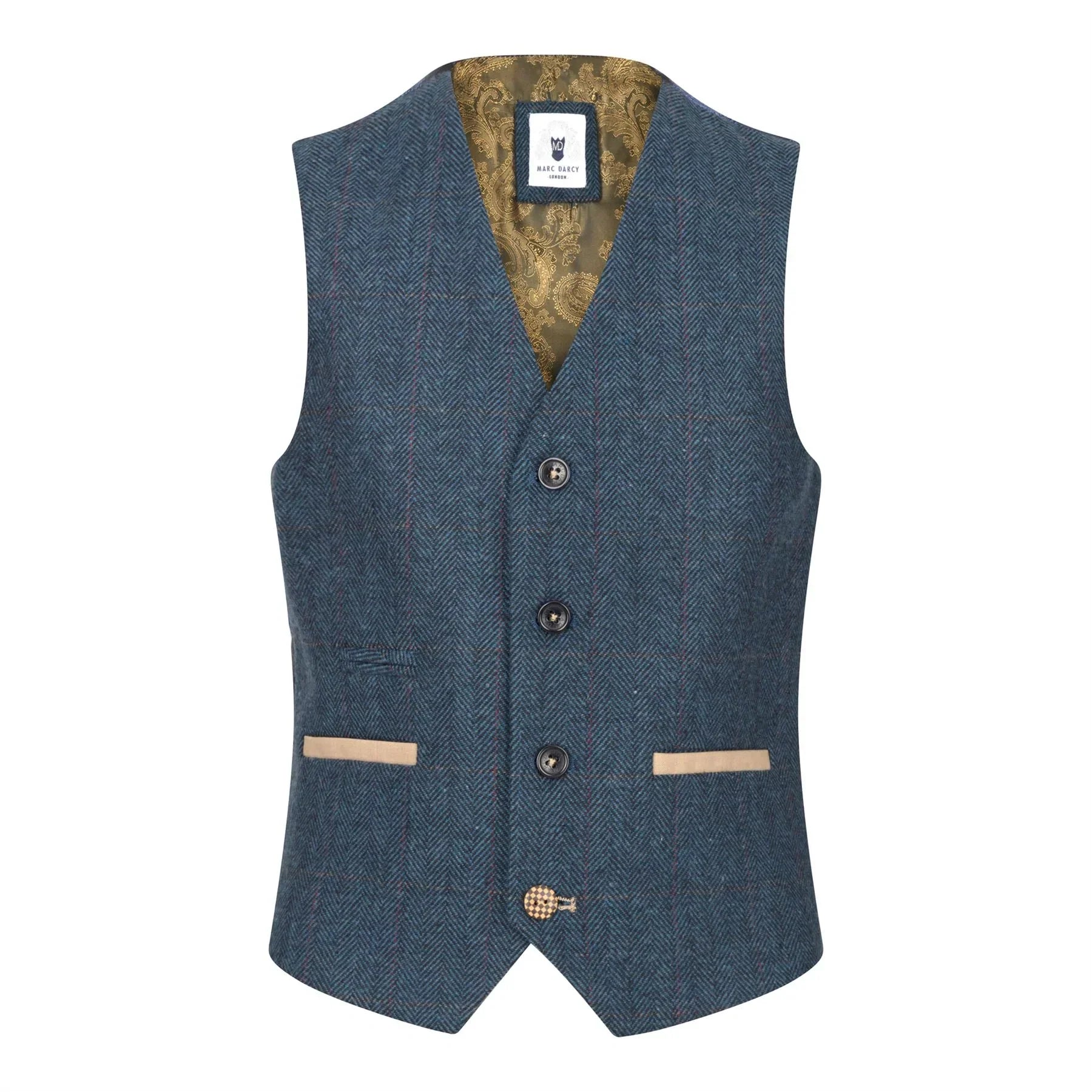 Boys Blue 3 Piece Herringbone Tweed Check Vintage Tailored Fit Suit