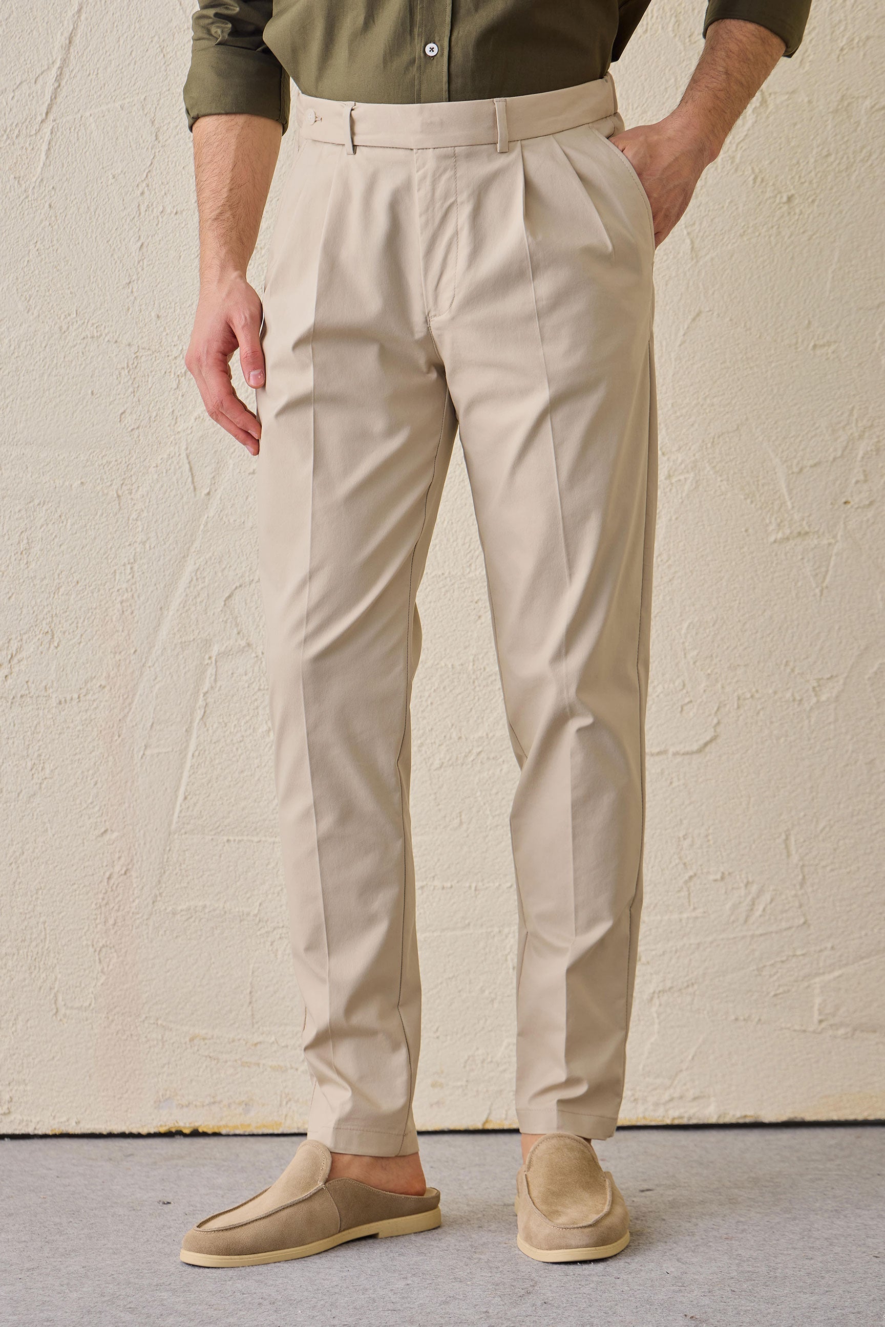 Beige Pleated Smart Casual Trousers for Men Tailored Classic Fit