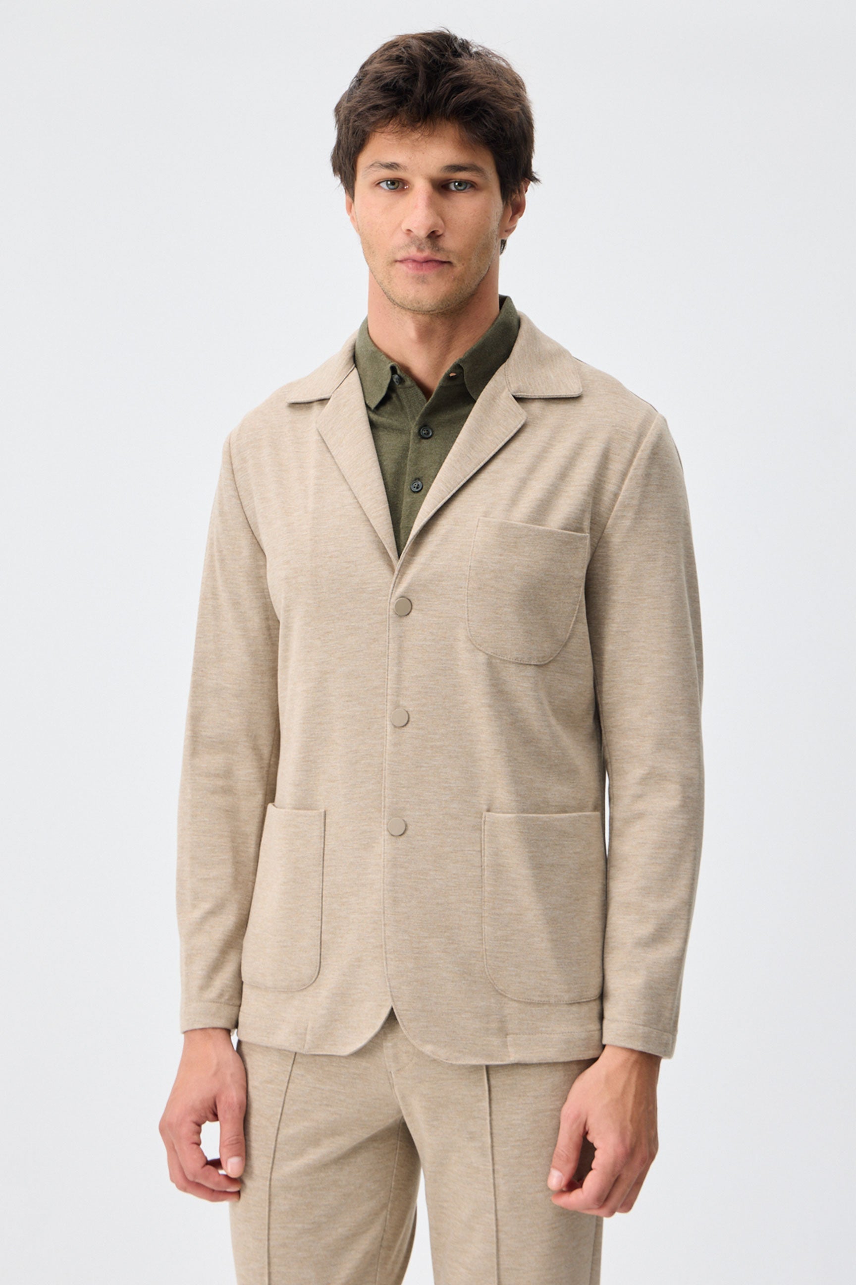 Men’s Beige Soft Jersey Smart Casual Suit Blazer Jacket & Trousers Set
