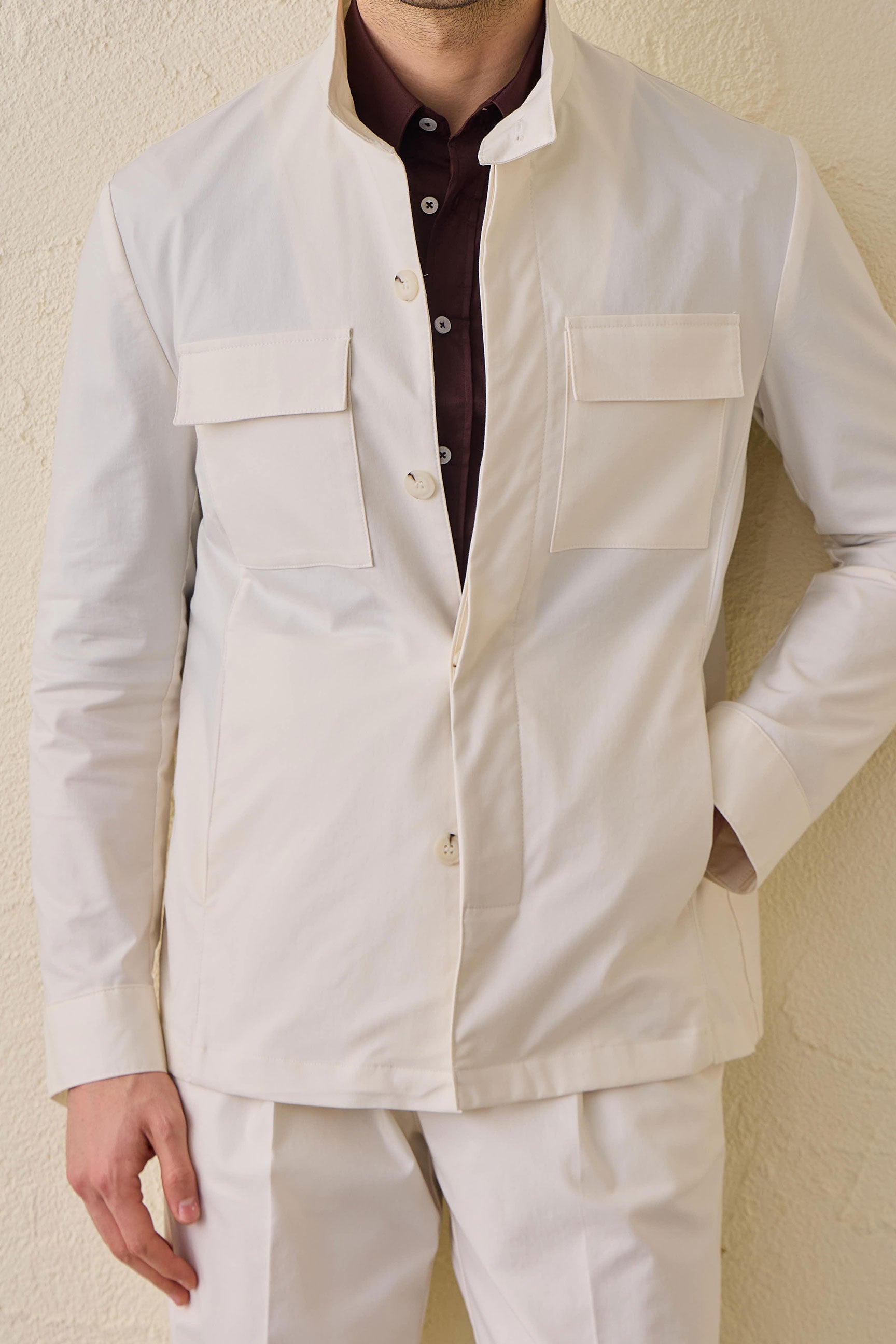 Men’s White Smart Casual 2 Piece Suit Safari Style Stand Collar Stretch Set