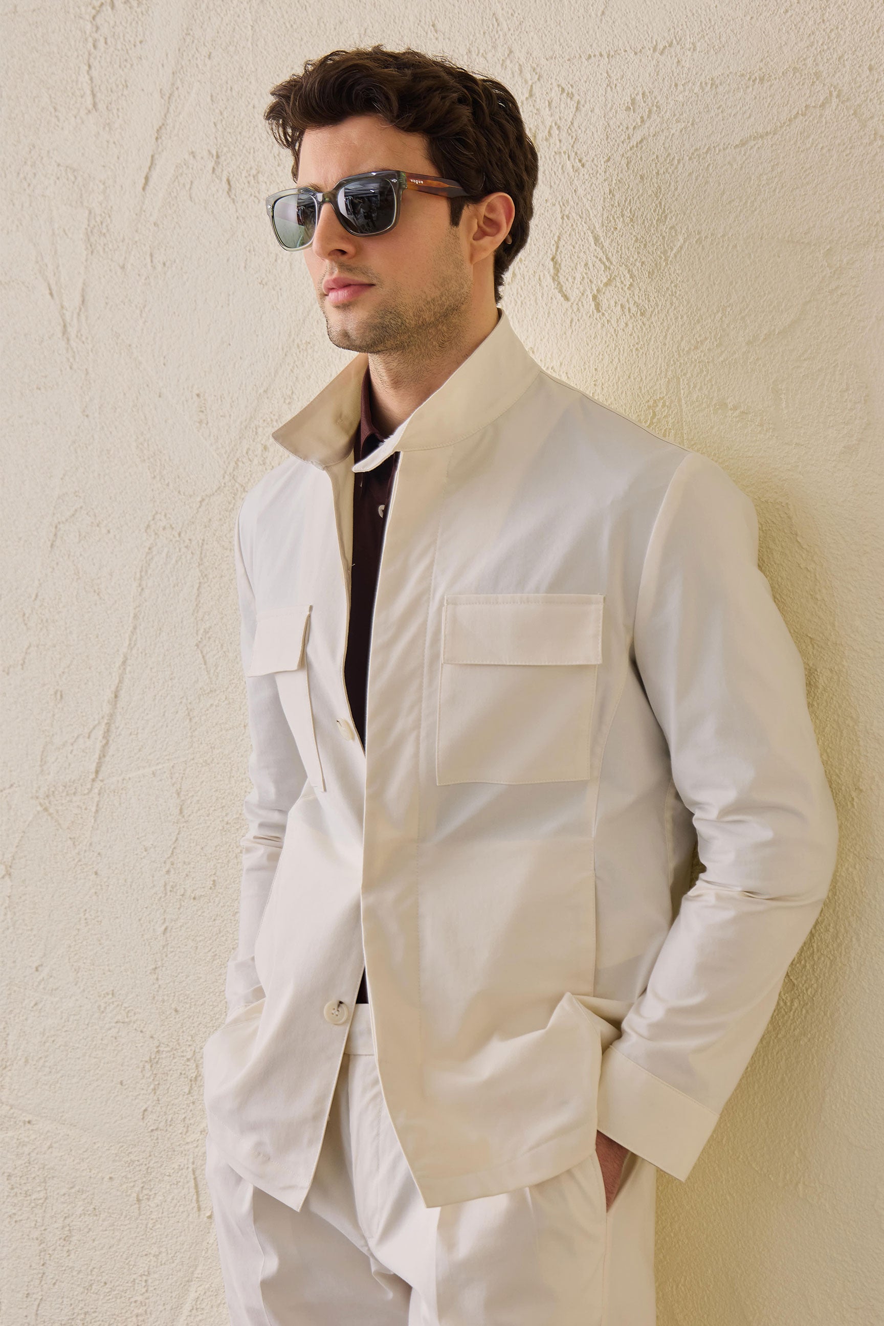 Men’s White Smart Casual 2 Piece Suit Safari Style Stand Collar Stretch Set