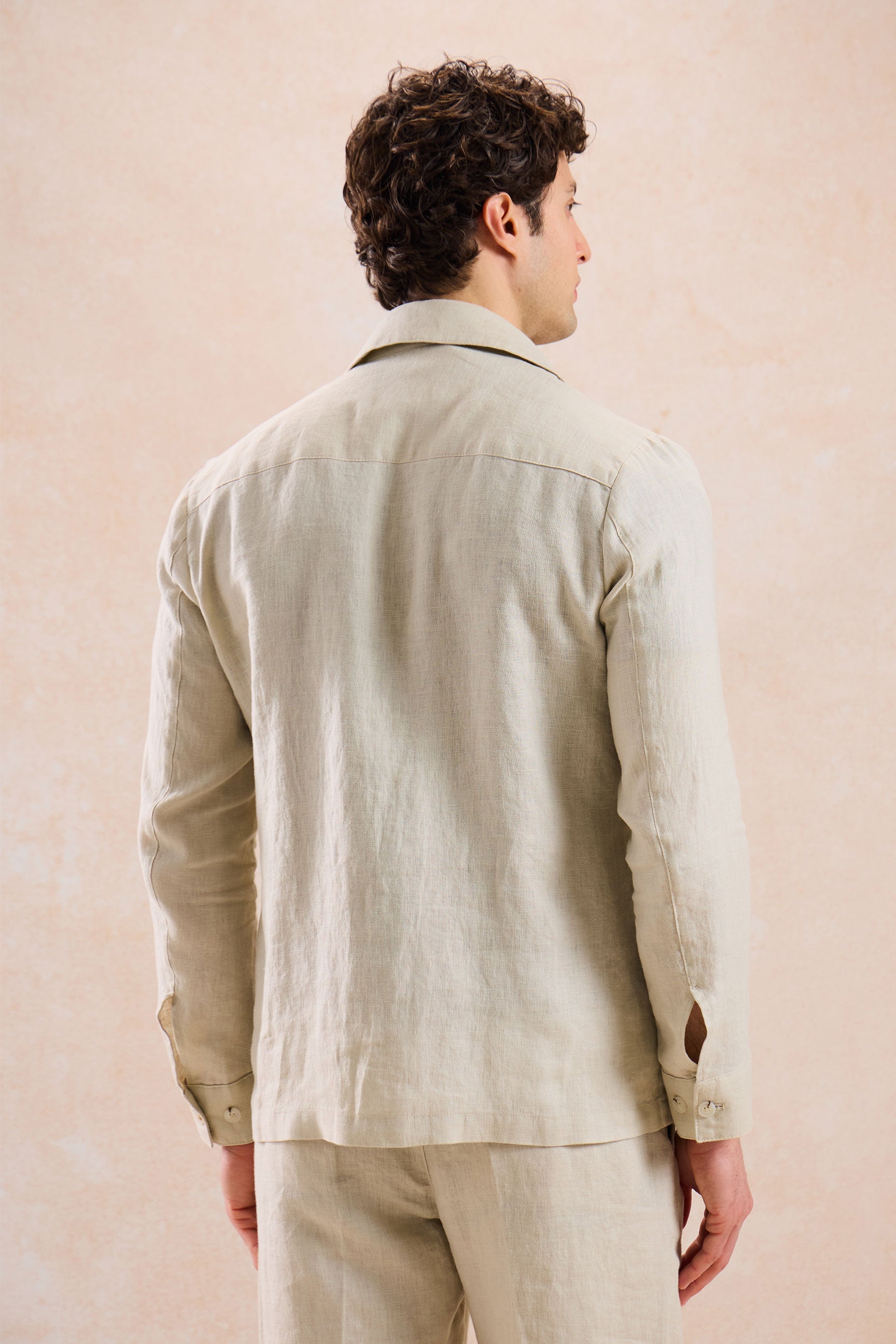 Men’s Beige Linen Smart Casual 2 Piece Suit Zip Front Safari Style Summer