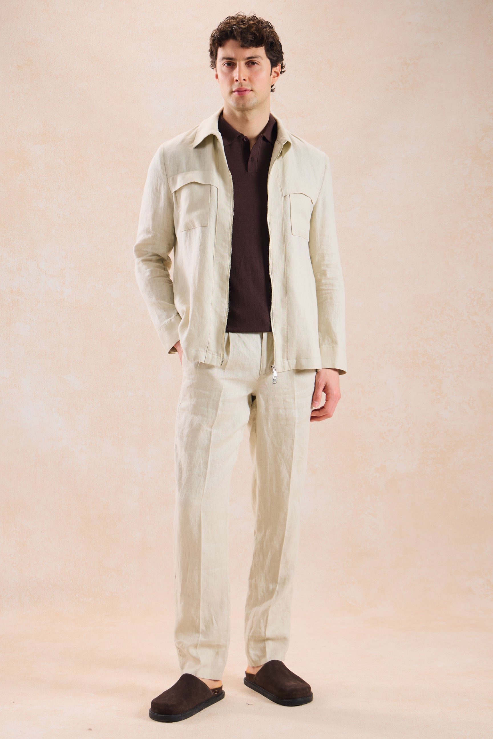 Men’s Beige Linen Smart Casual 2 Piece Suit Zip Front Safari Style Summer