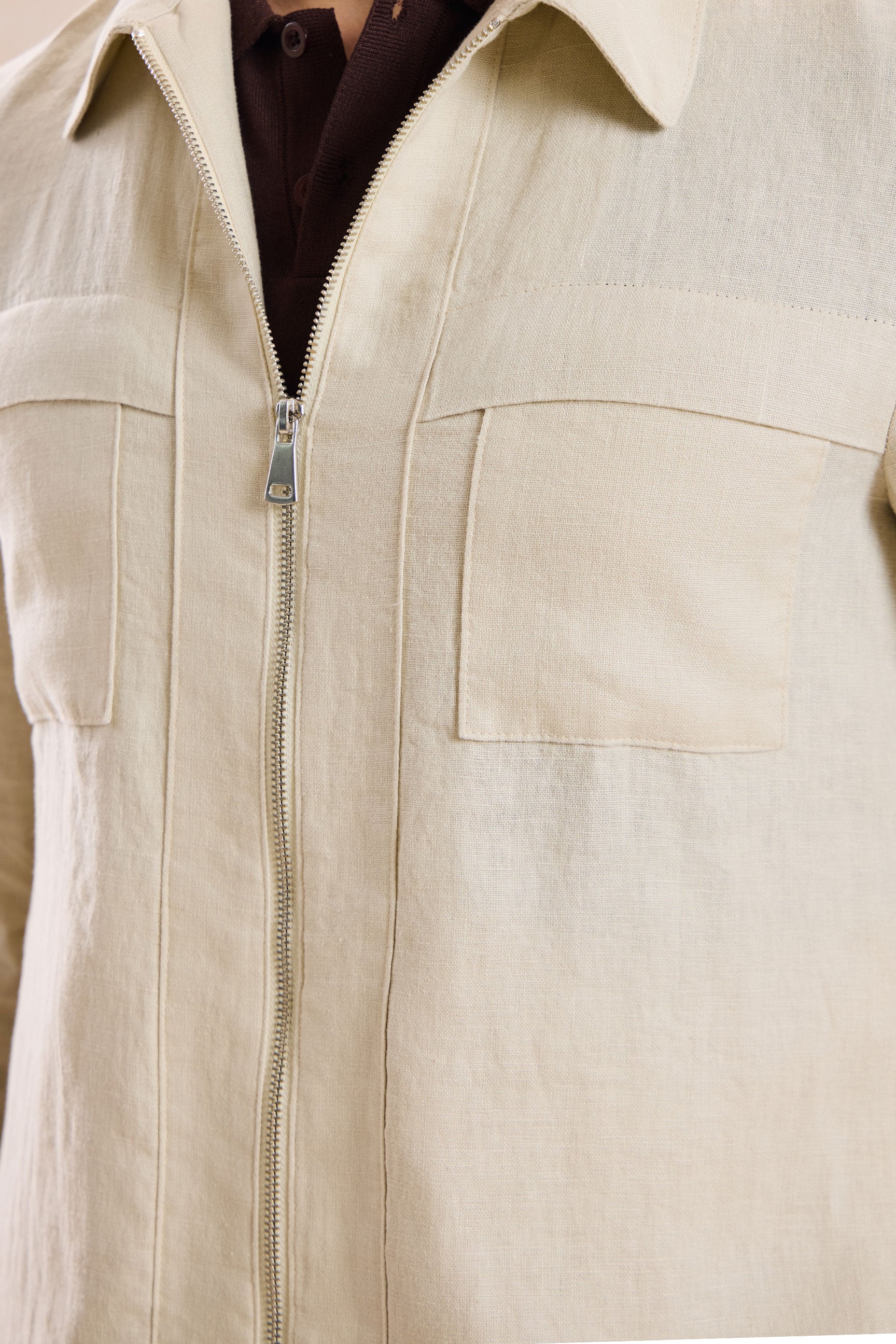 Men’s Beige Linen Zip-Up Shirt Jacket Lightweight Summer Overshirt