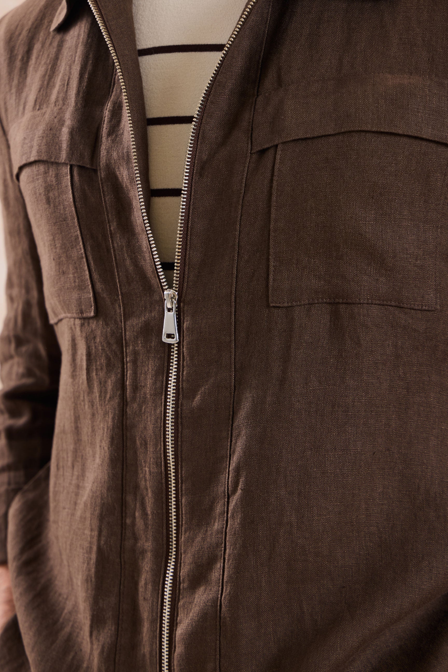Men’s Brown Linen Smart Casual 2 Piece Suit Zip Front Safari Style Summer