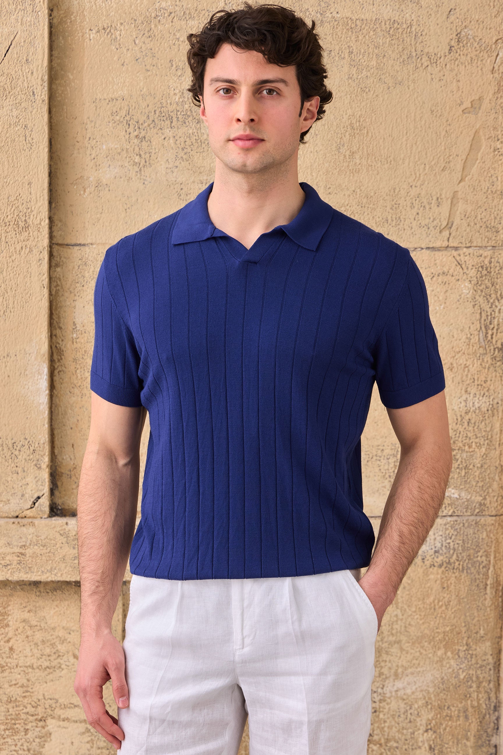 Men’s Navy Ribbed Knit Polo Shirt