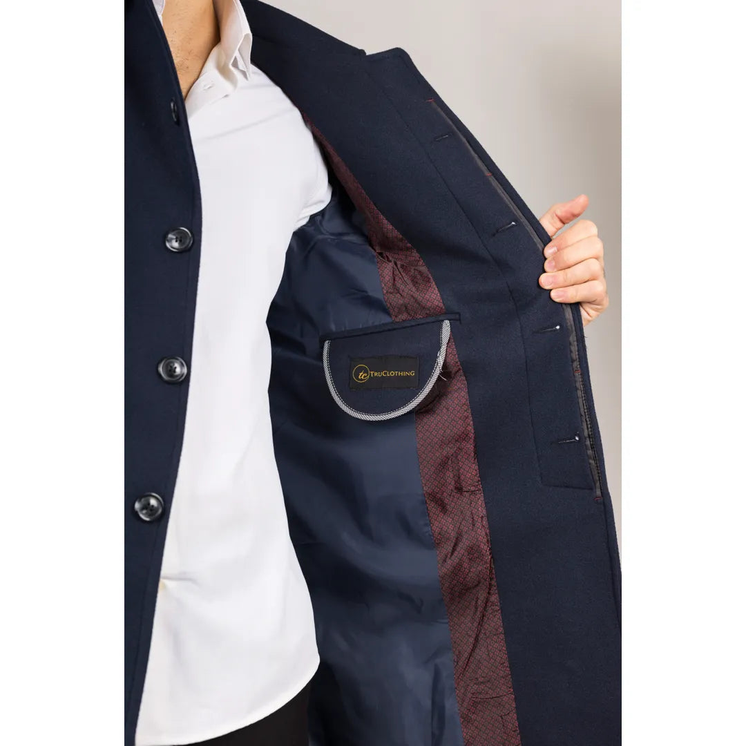 Men's Classic Collar Wool Blend Navy Overcoat