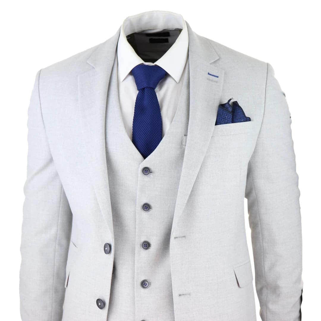 Mens Tweed Light Grey 3 Piece Suit Tailored Fit Classic Vintage 1920s Wedding