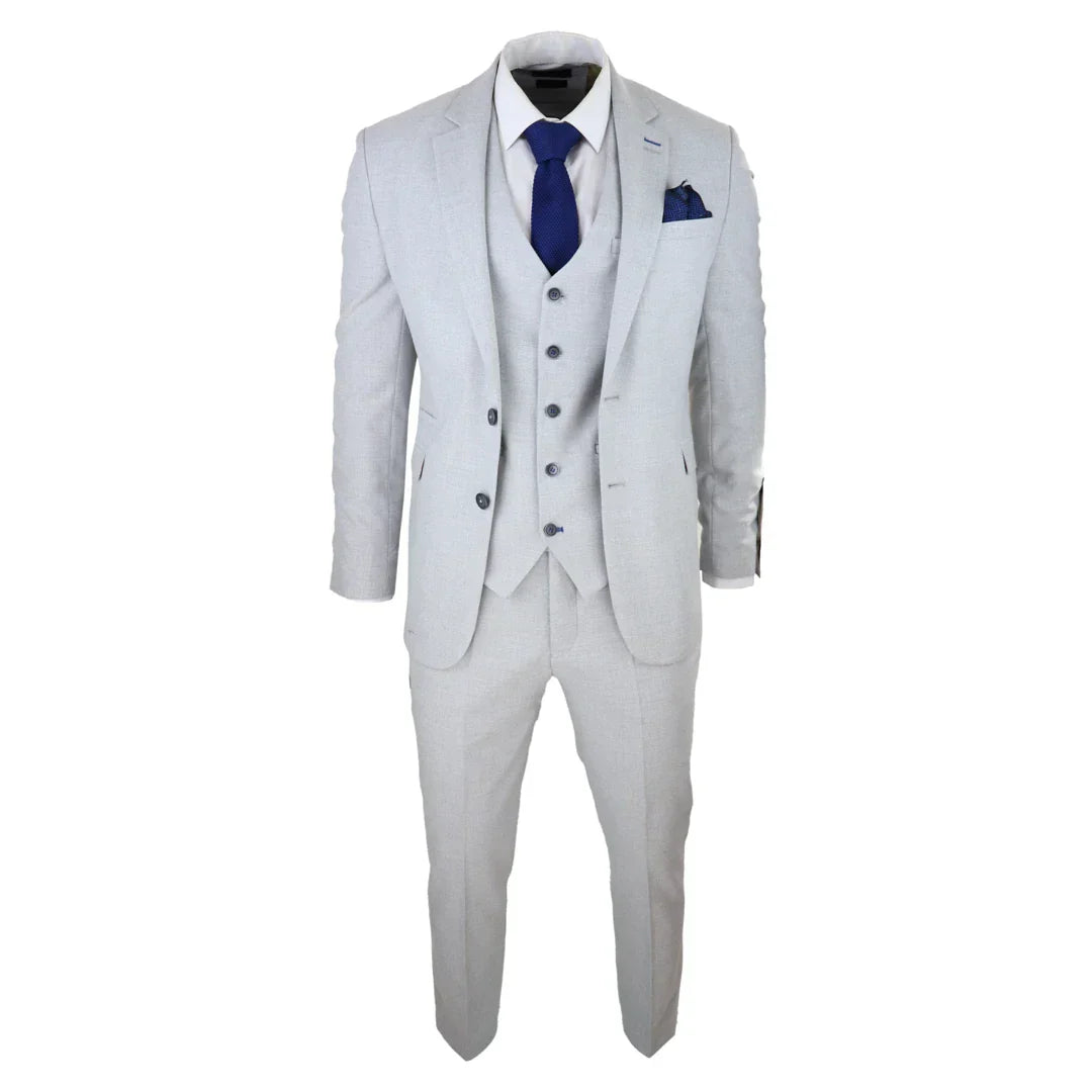 Mens Tweed Light Grey 3 Piece Suit Tailored Fit Classic Vintage 1920s Wedding