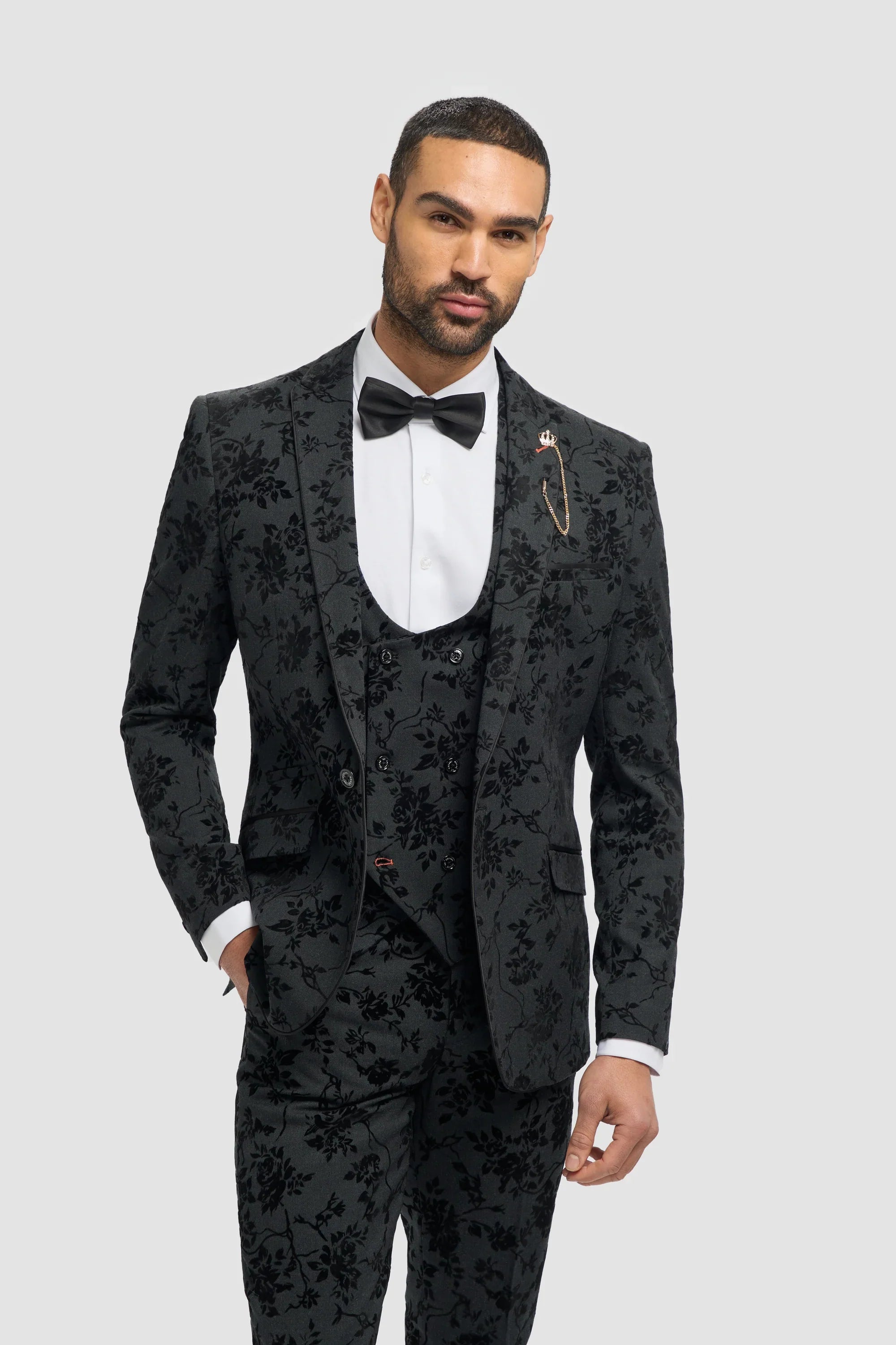 Mens Black 3 Piece Paisley Velvet Suit