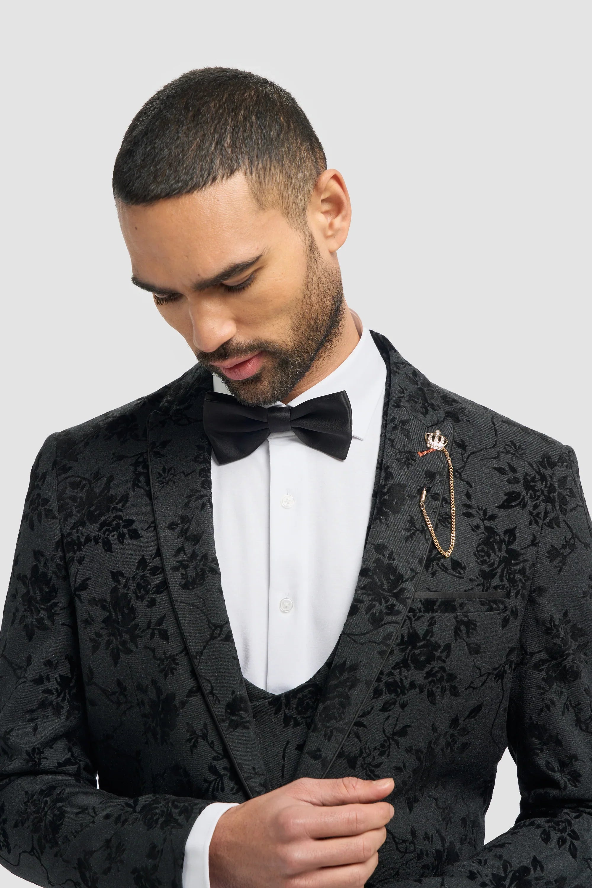 Mens Black 3 Piece Paisley Velvet Suit