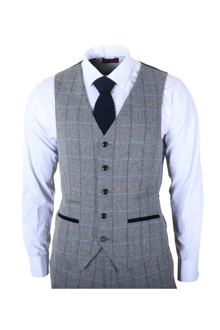Harris - Men's Grey 3 Piece Herringbone Check Tweed Suit