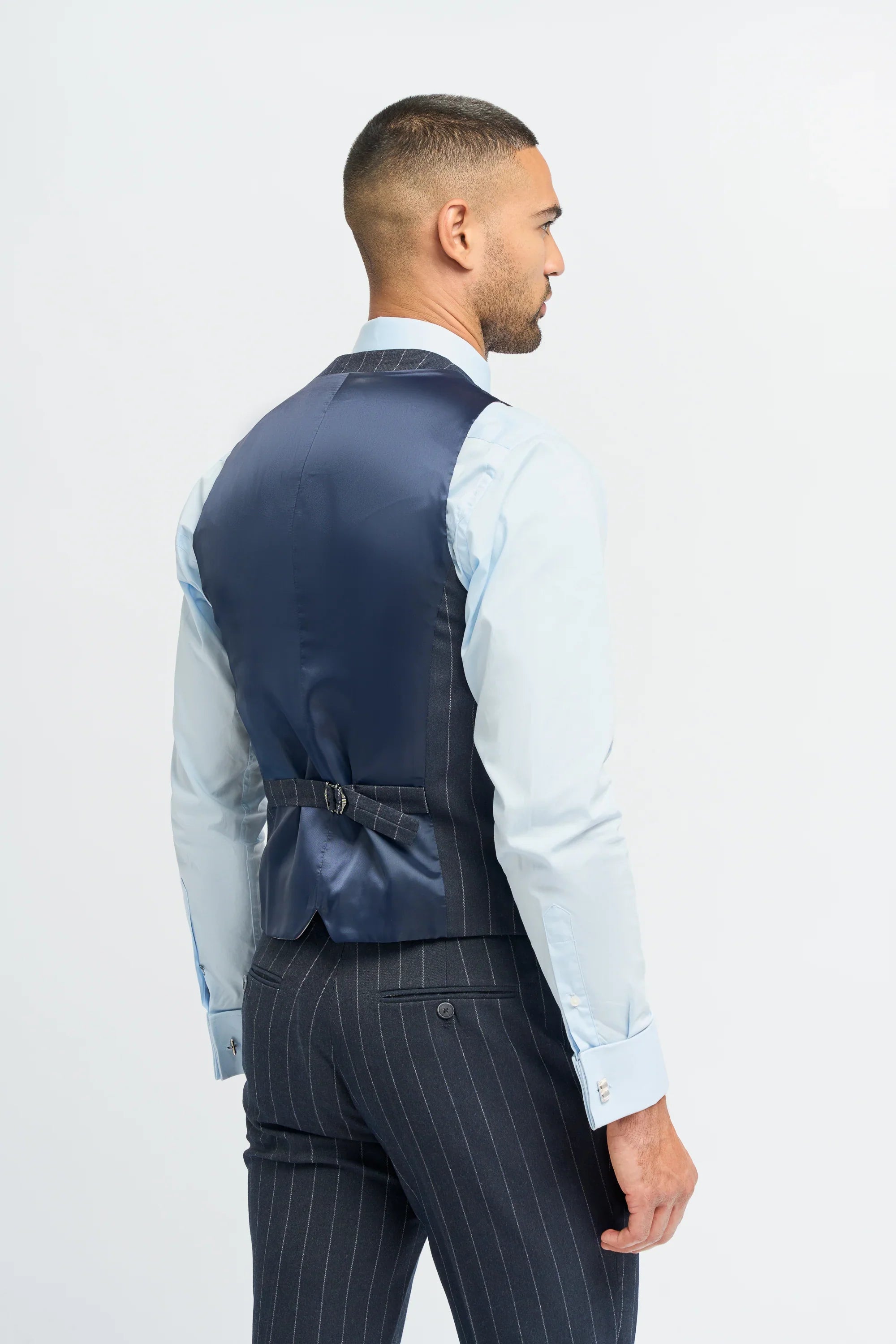 Mens 3 Piece Suit Pin Stripe Navy Classic Vintage Retro 1920s Tailored Fit Wedding