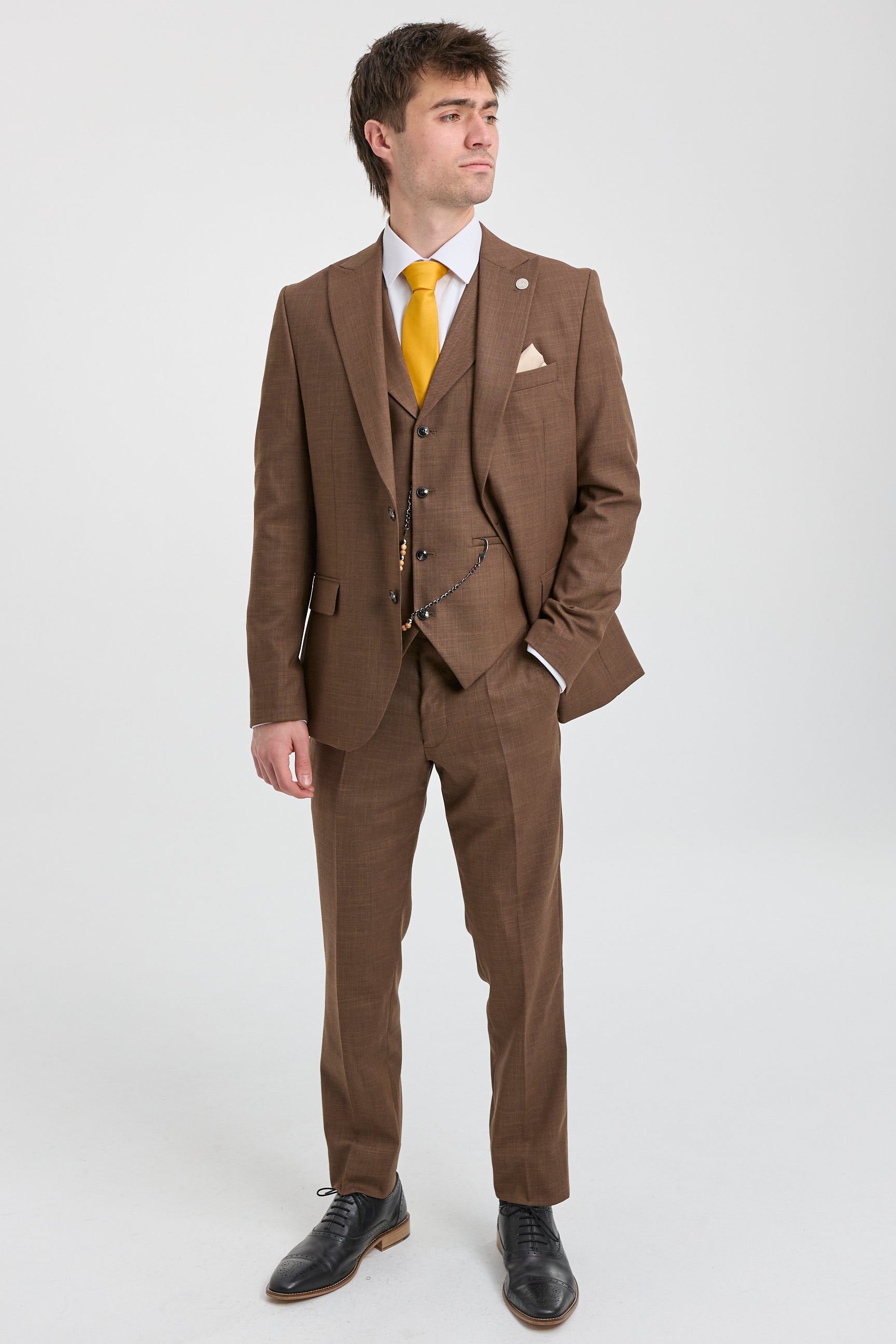 James Men's 3-Piece Plain Brown Suit with Classic Fit