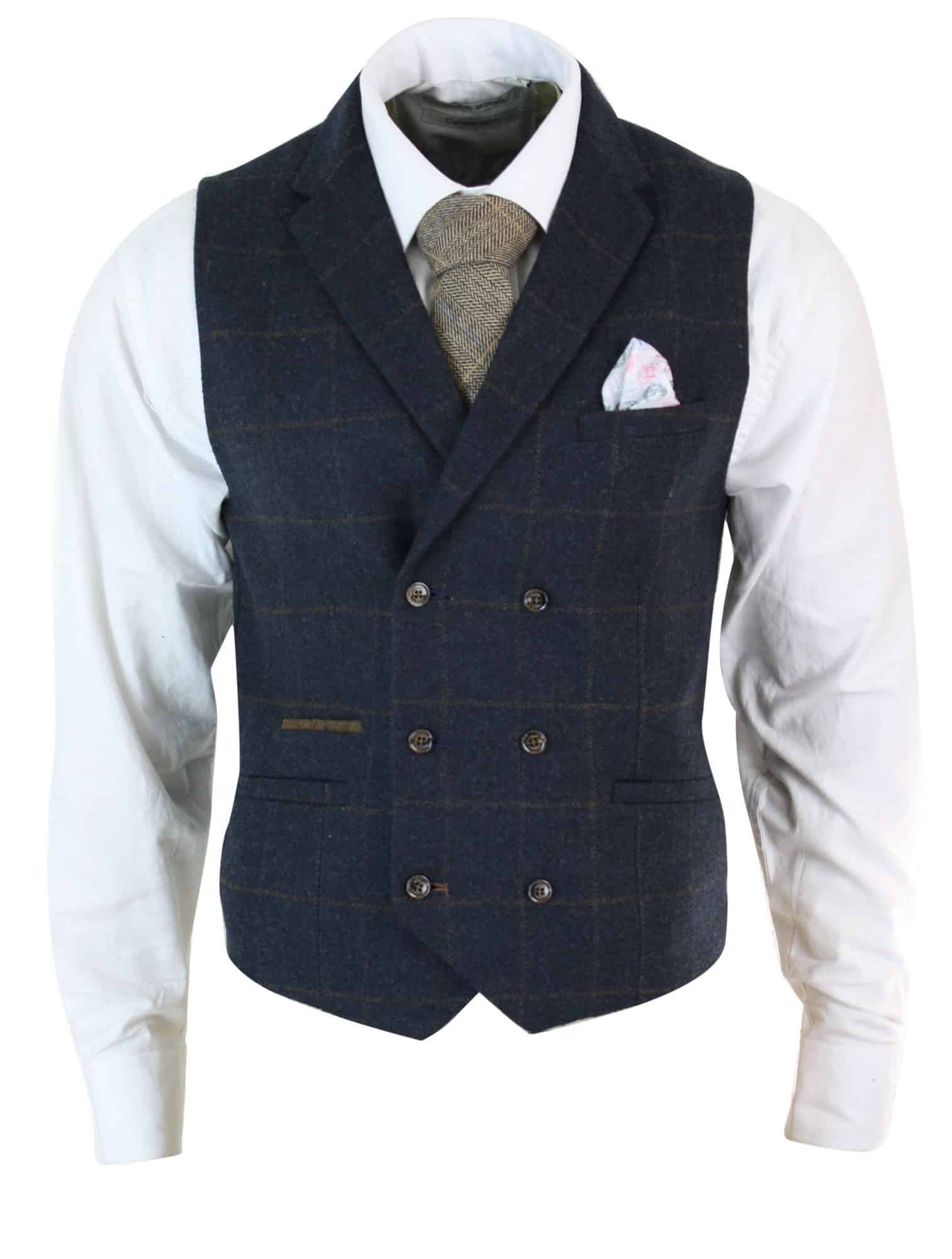 Mens Double Breasted Herringbone Tweed 1920s Vintage Vintage Check Waistcoat Navy Blue