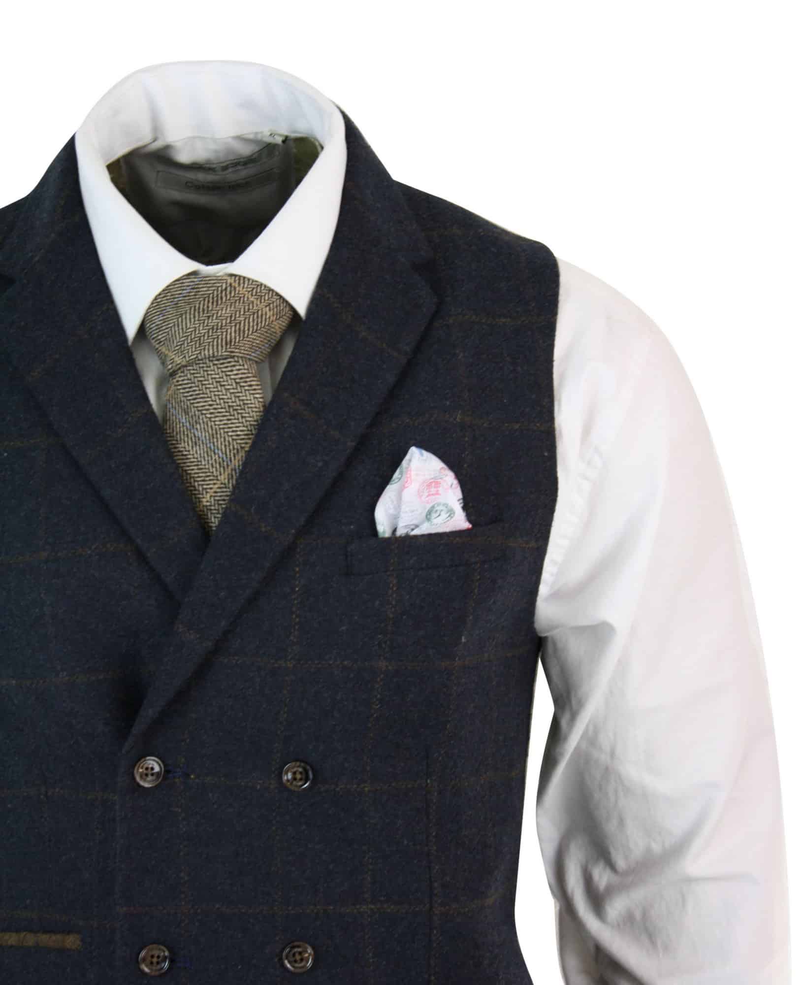 Mens Double Breasted Herringbone Tweed 1920s Vintage Vintage Check Waistcoat Navy Blue