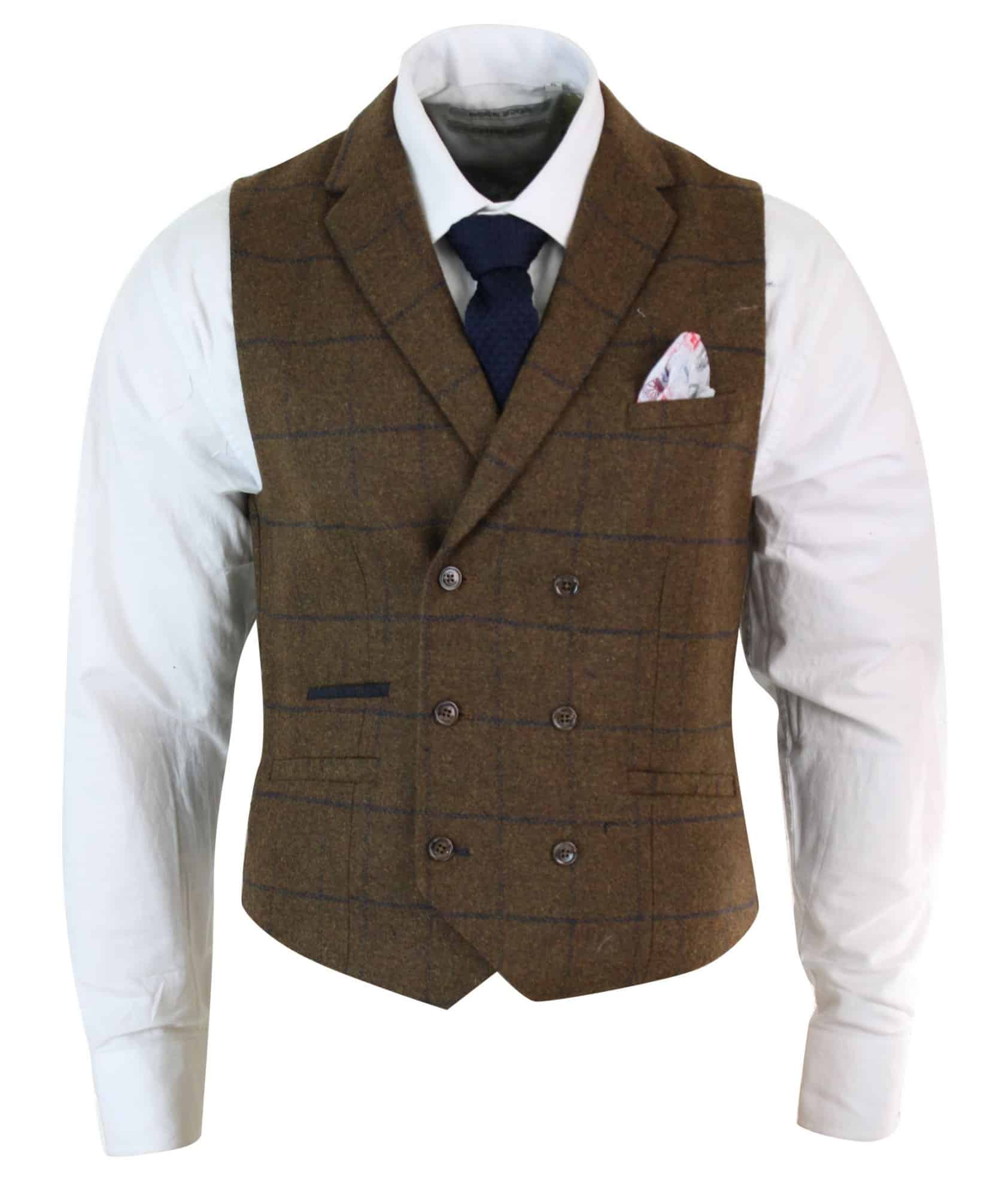 Mens Double Breasted Herringbone Tweed Gangster & Mafia Vintage Check Waistcoat Tan Brown