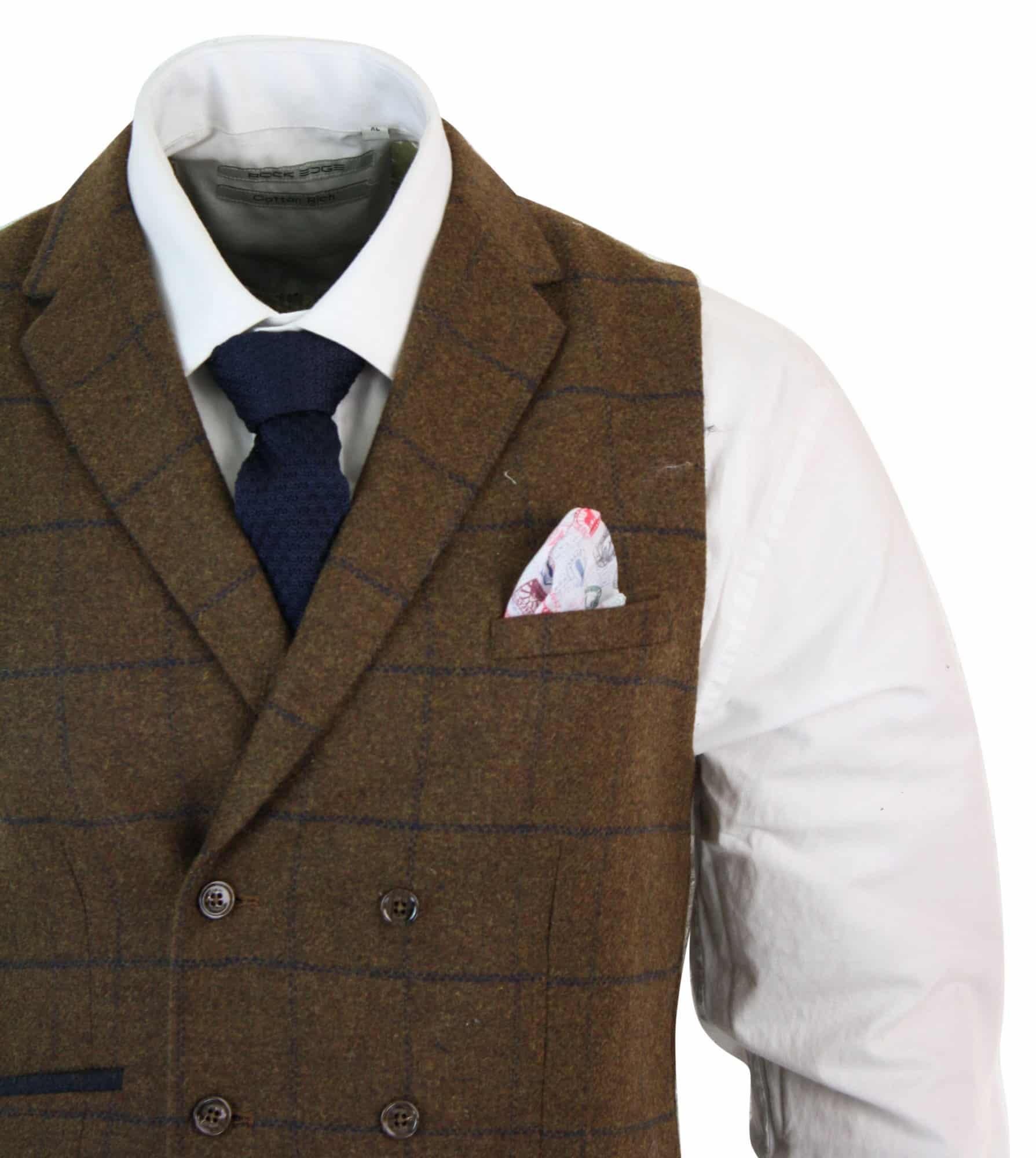 Mens Double Breasted Herringbone Tweed Gangster & Mafia Vintage Check Waistcoat Tan Brown