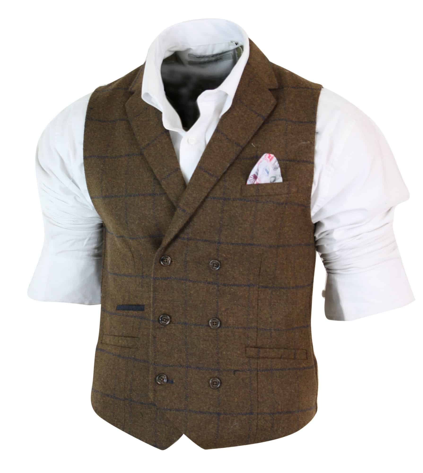 Mens Double Breasted Herringbone Tweed Gangster & Mafia Vintage Check Waistcoat Tan Brown