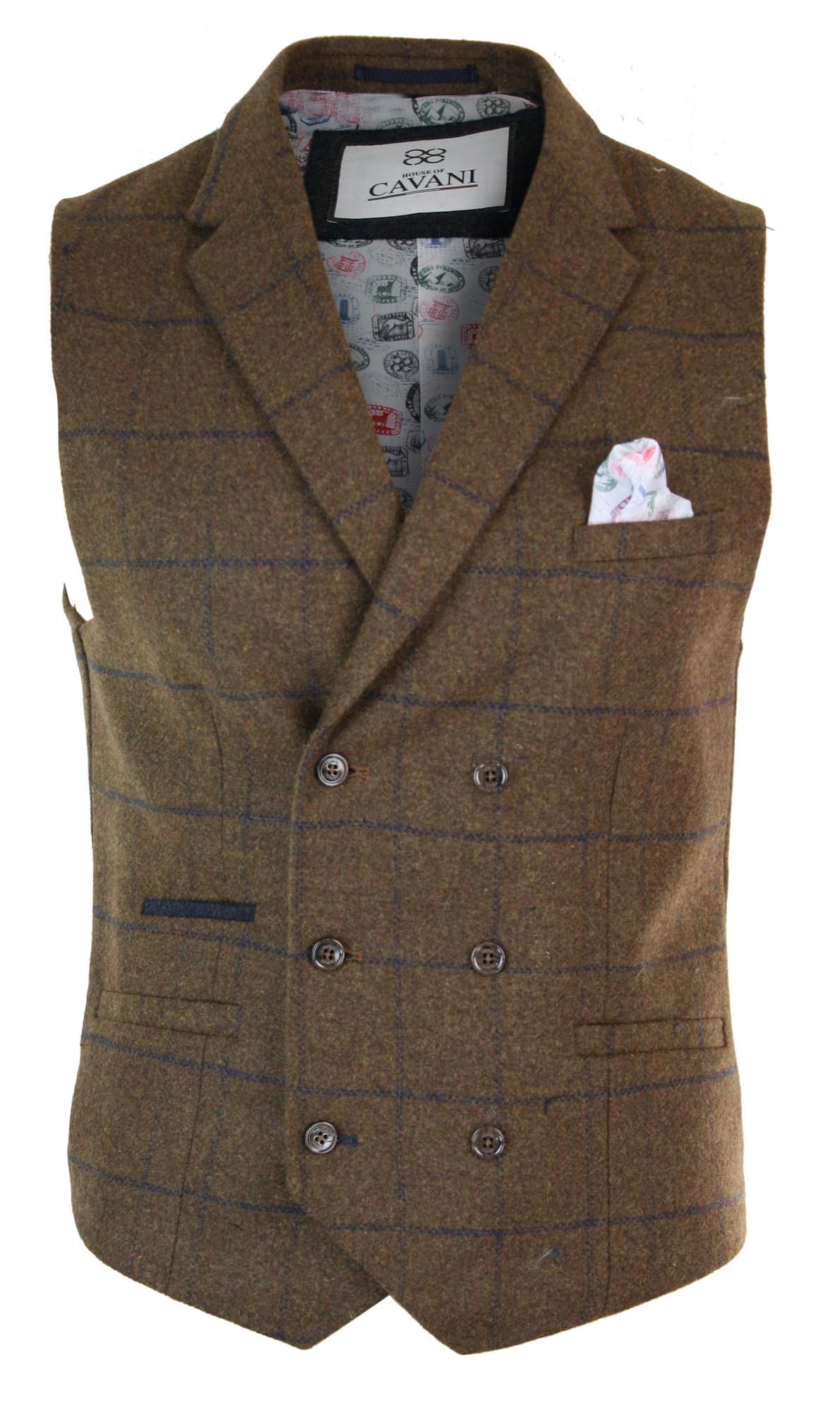 Mens Double Breasted Herringbone Tweed Gangster & Mafia Vintage Check Waistcoat Tan Brown