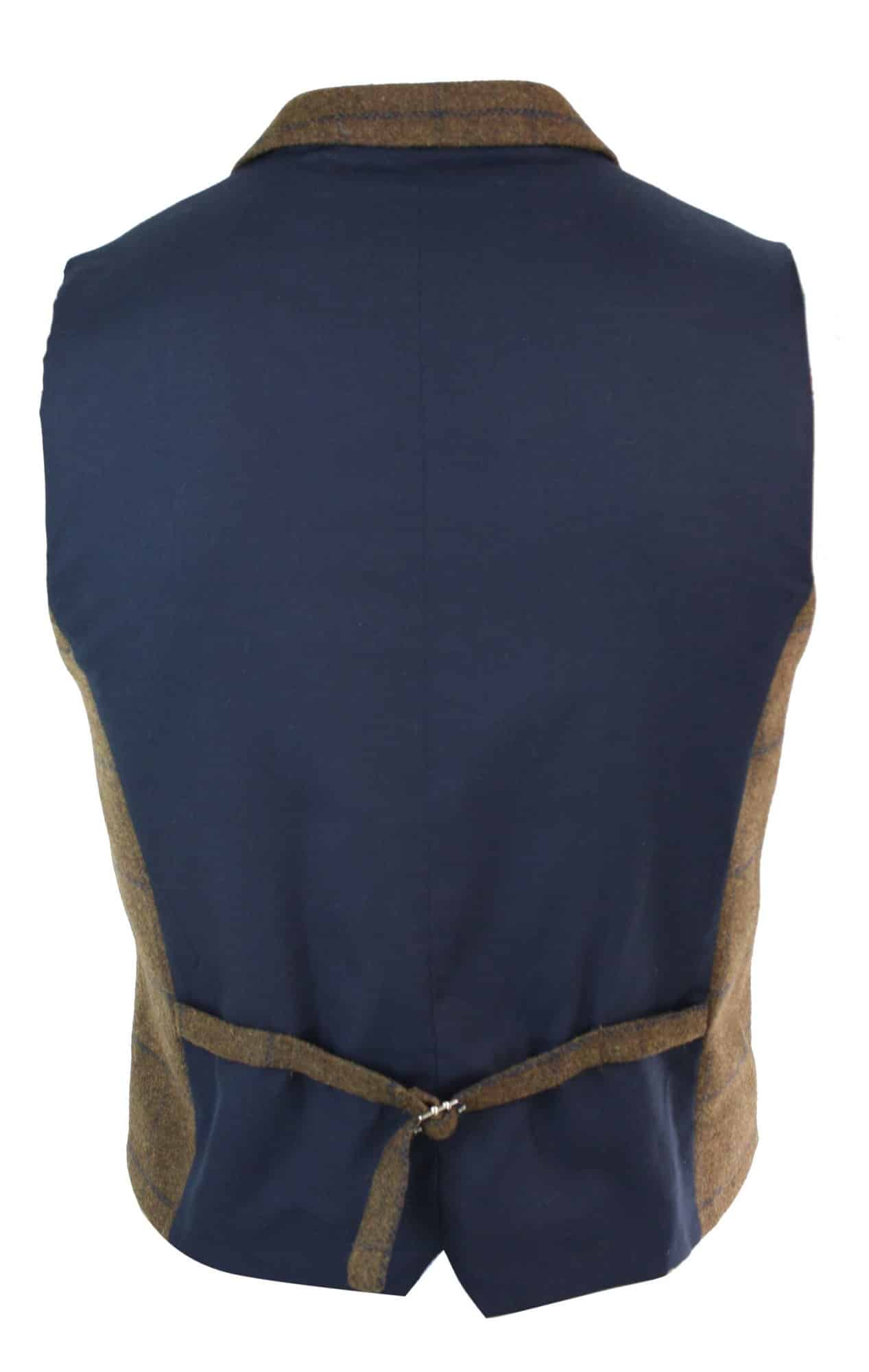 Mens Double Breasted Herringbone Tweed Gangster & Mafia Vintage Check Waistcoat Tan Brown