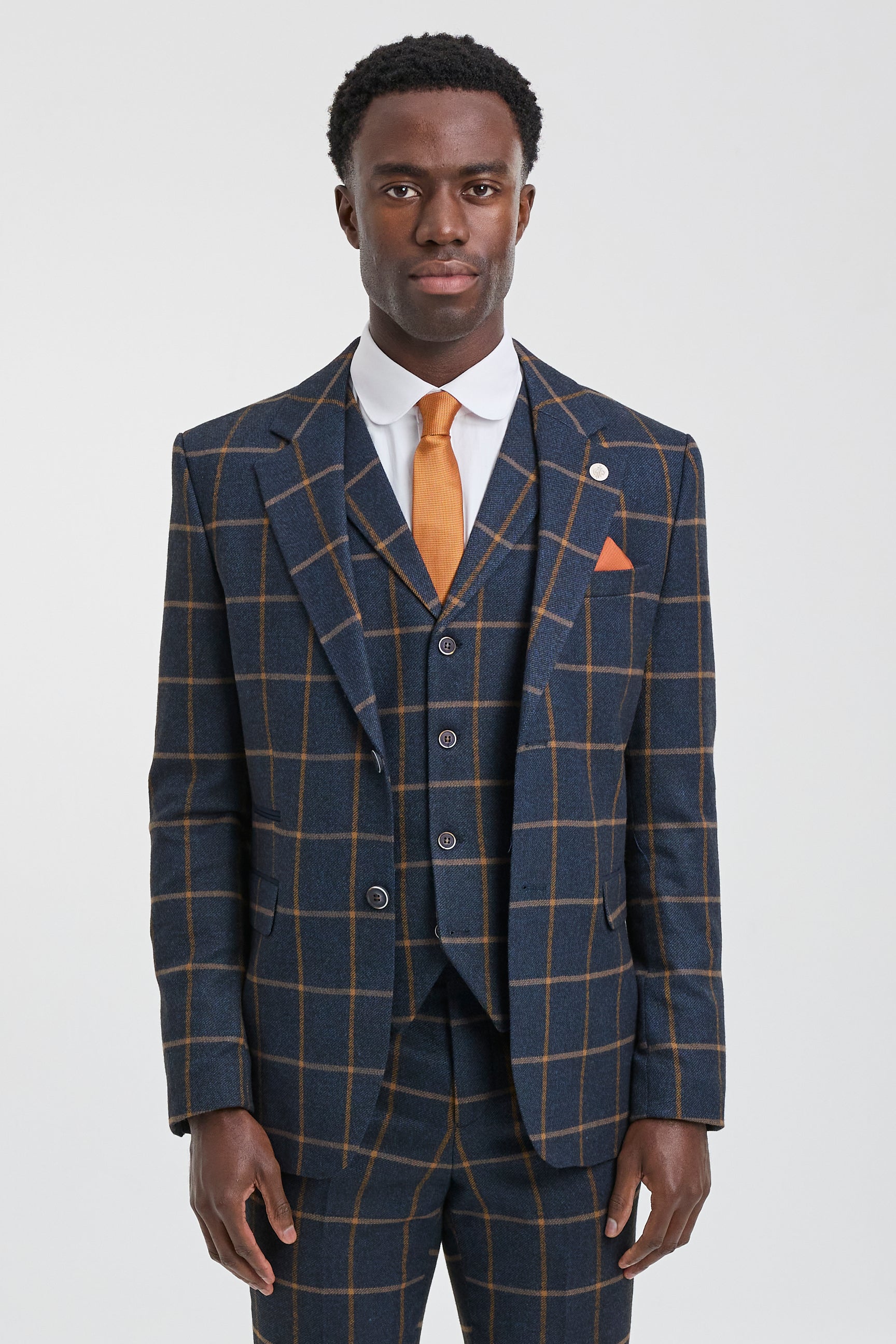 Mens Herringbone Tweed Check 3 Piece Wool Suit 1920s Vintage - Navy Blue