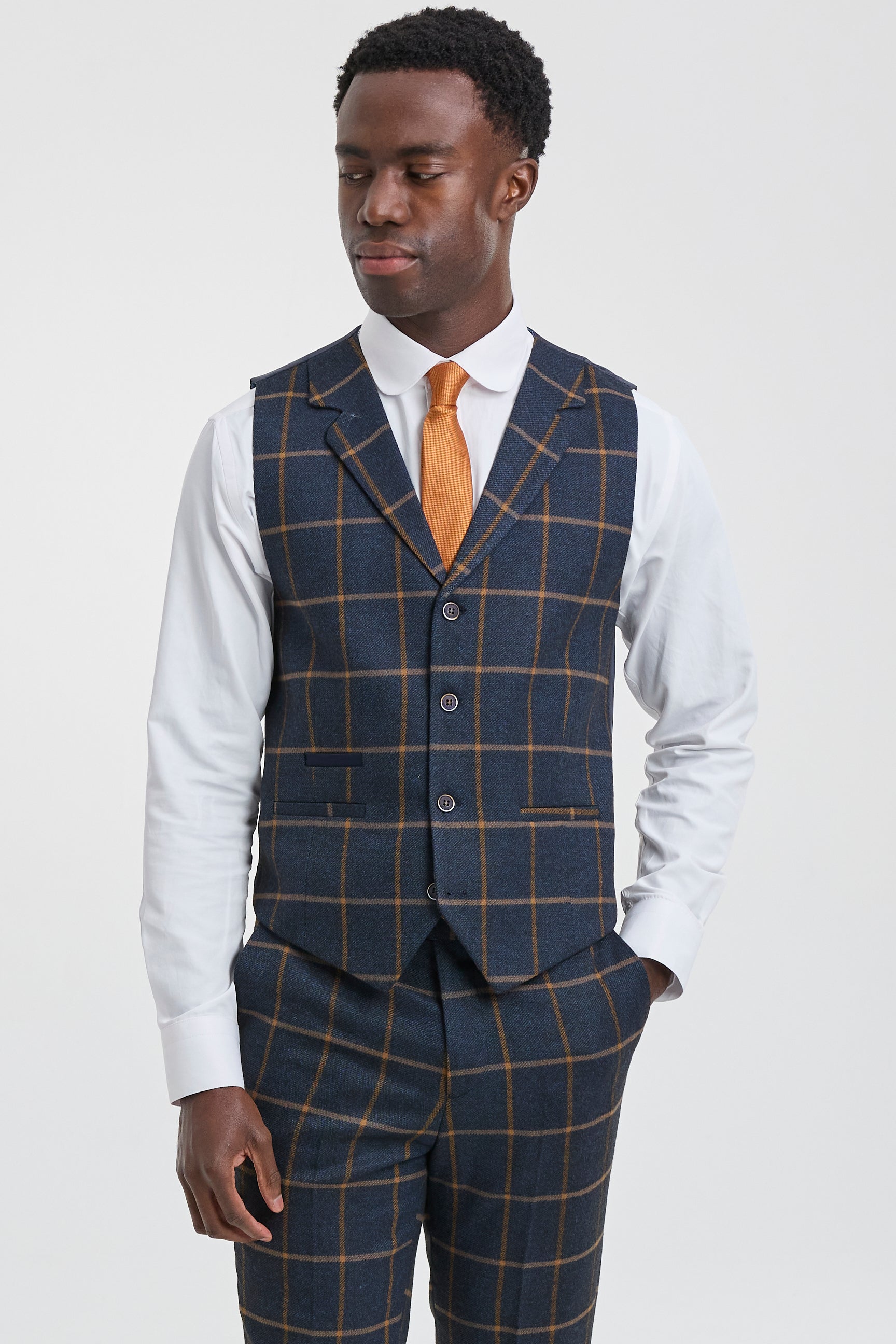 Mens Herringbone Tweed Check 3 Piece Wool Suit 1920s Vintage - Navy Blue